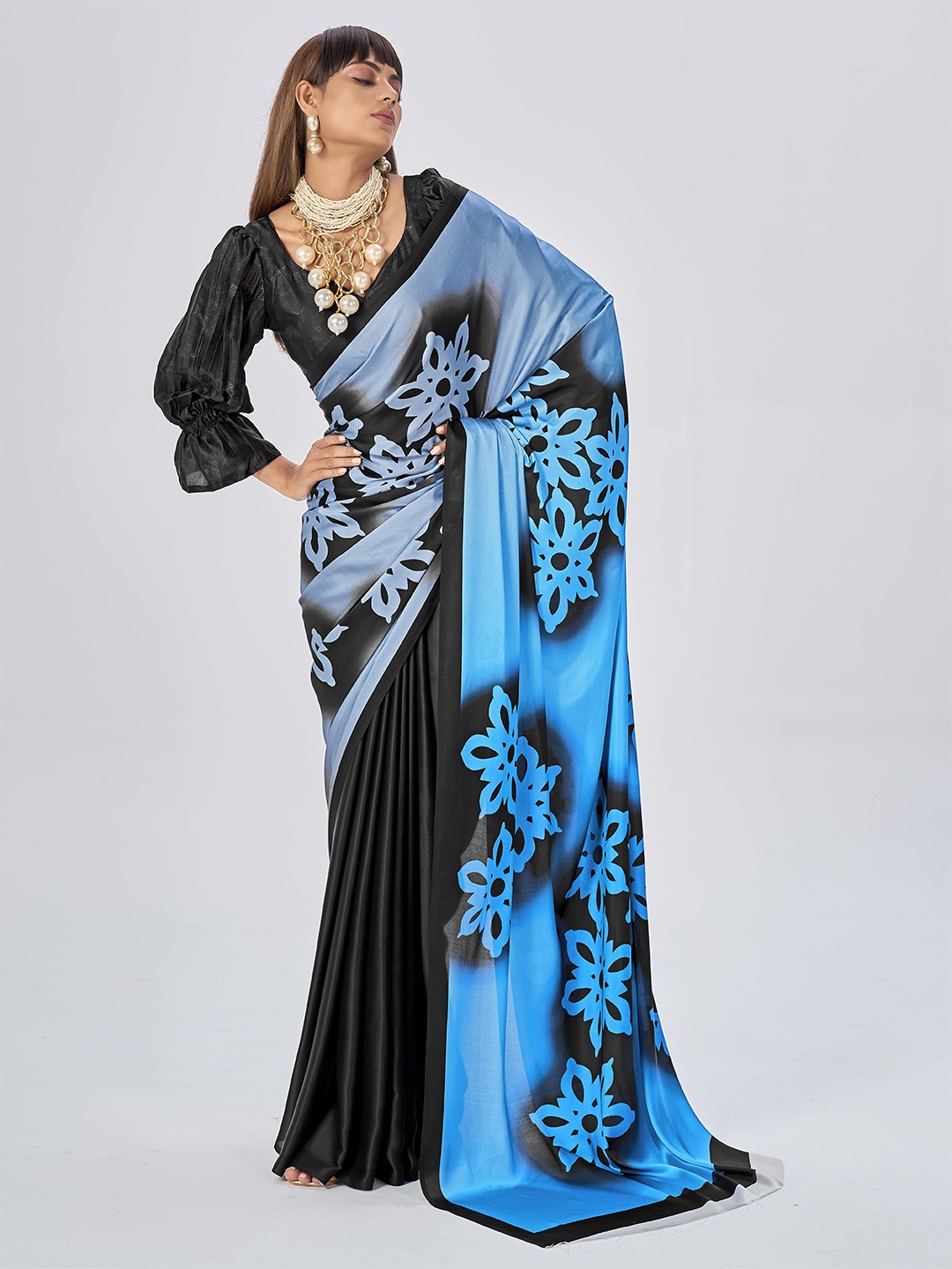 

Ethnielle Floral Satin Saree, Black