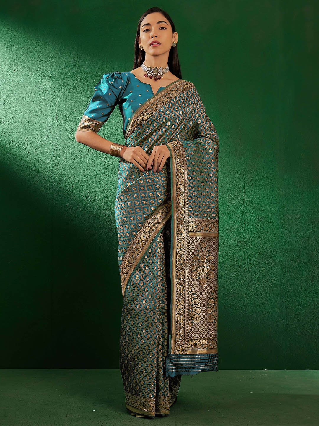 

SHADOW & SAINING Woven Design Zari Banarasi Saree, Teal