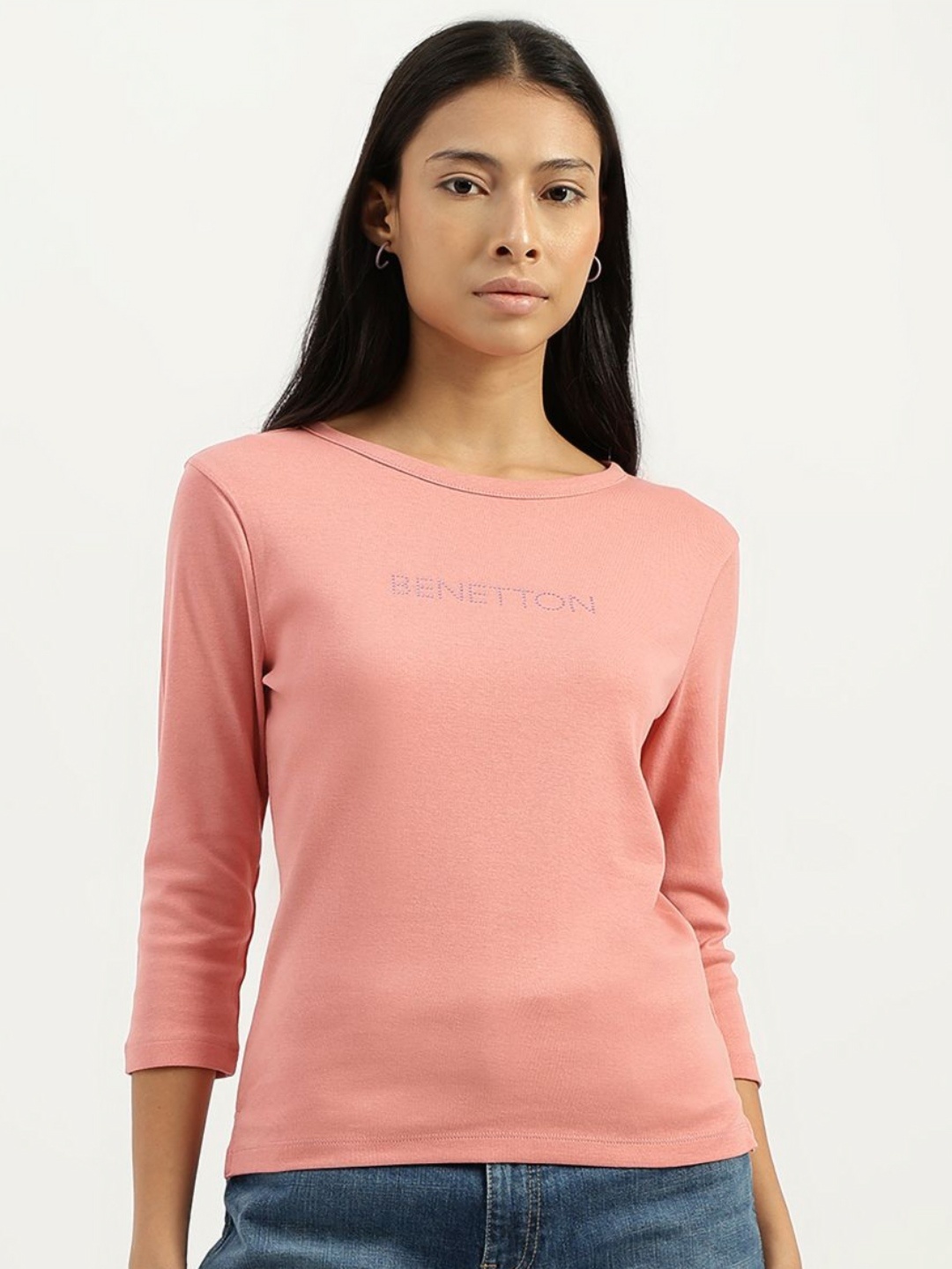 

United Colors of Benetton Women Graphic Printed Boat Neck Pure Cotton T-Shirt, Pink