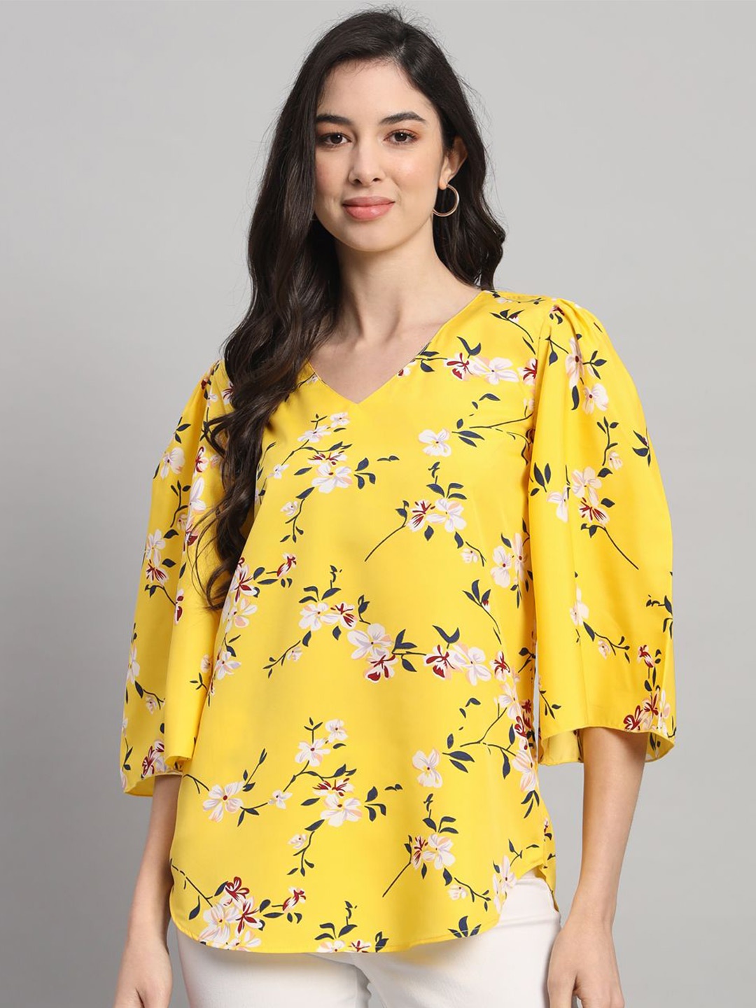 

Curvydrobe Women Floral Printed V-Neck Top, Yellow