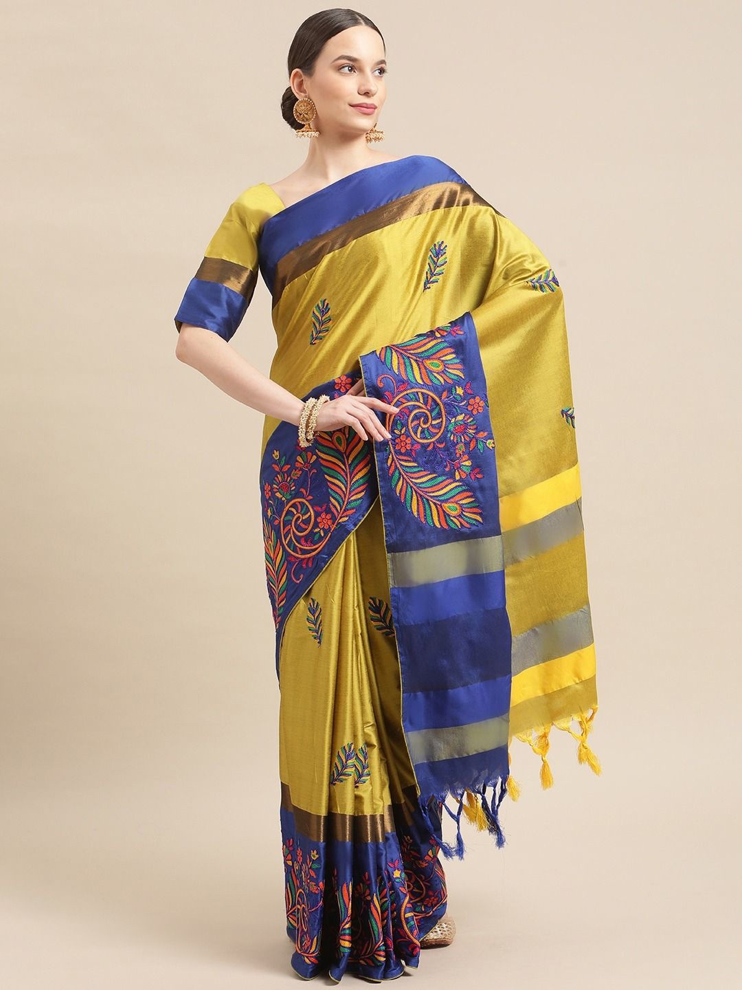 

KALINI Floral Embroidered Saree, Yellow