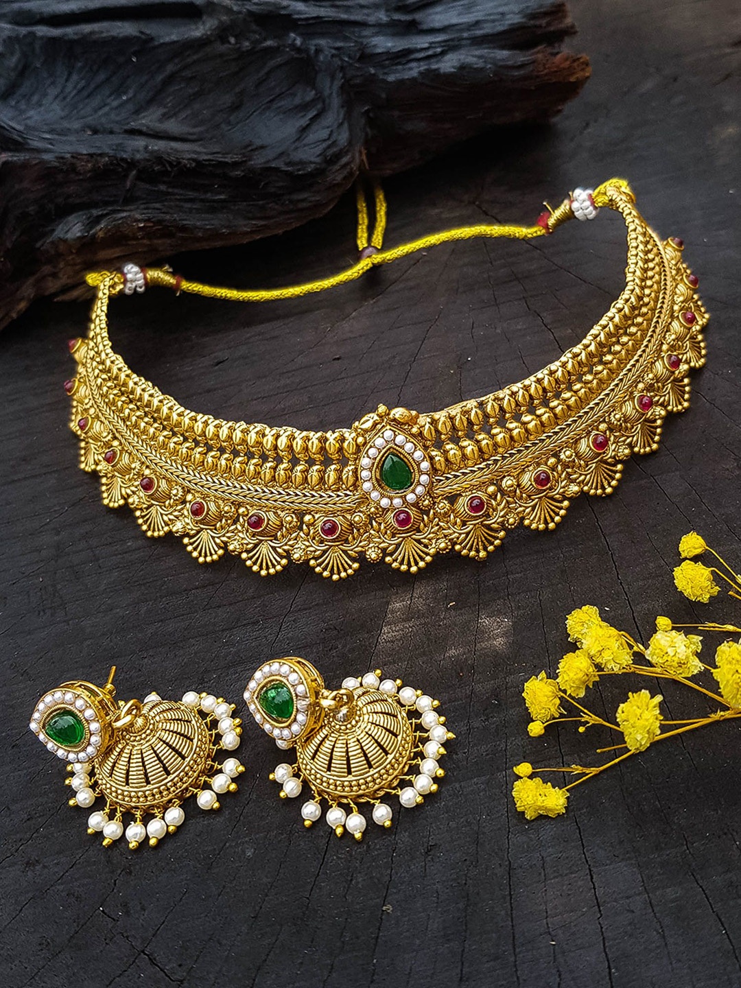 

GRIIHAM Gold Plated Cubic Zirconia Stone Studded & Beaded Jewellery Set