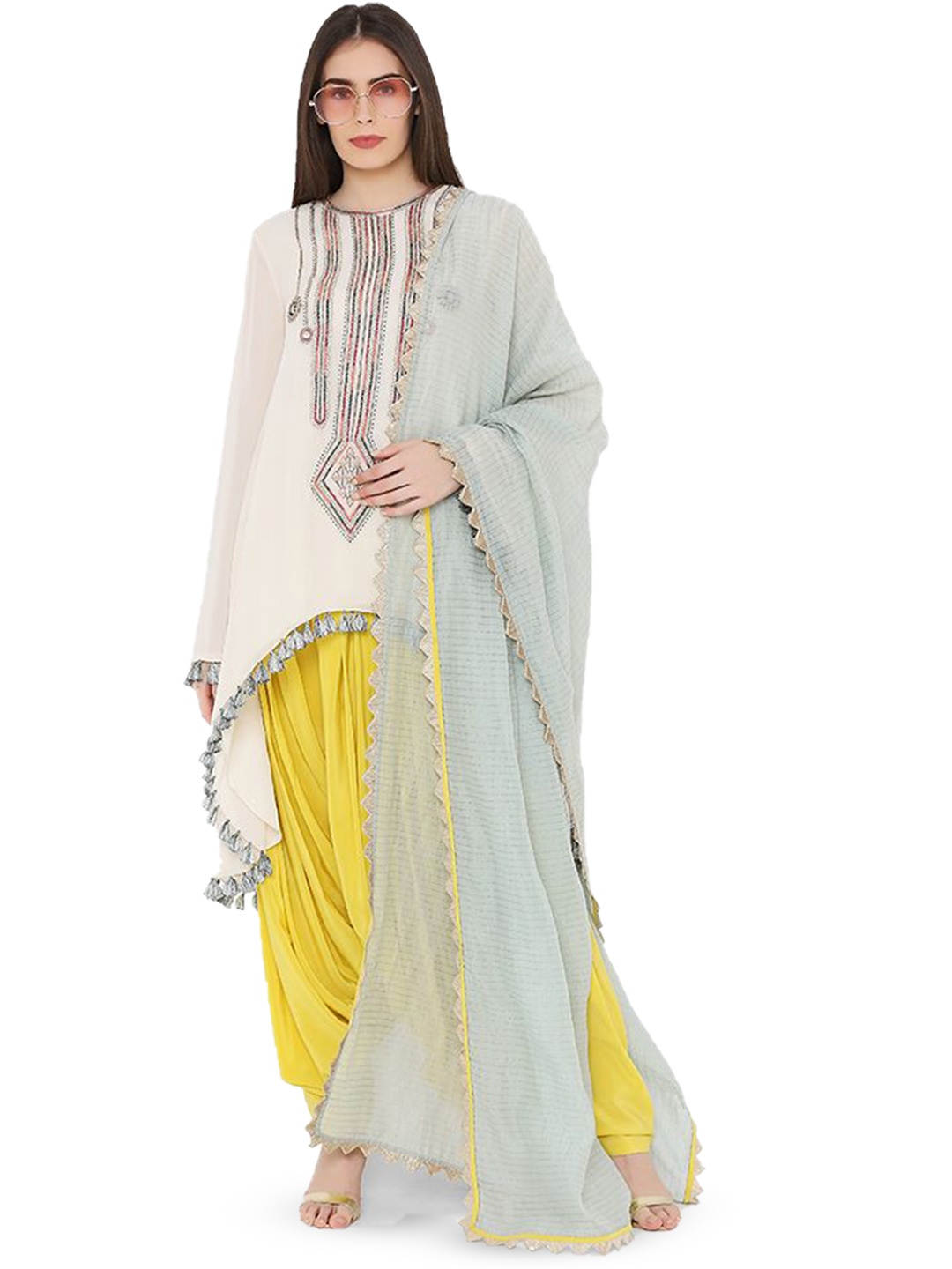 

Payal Singhal Ethnic Motifs Embroidered Thread Work Kurta with Dhoti Pants & Dupatta, White