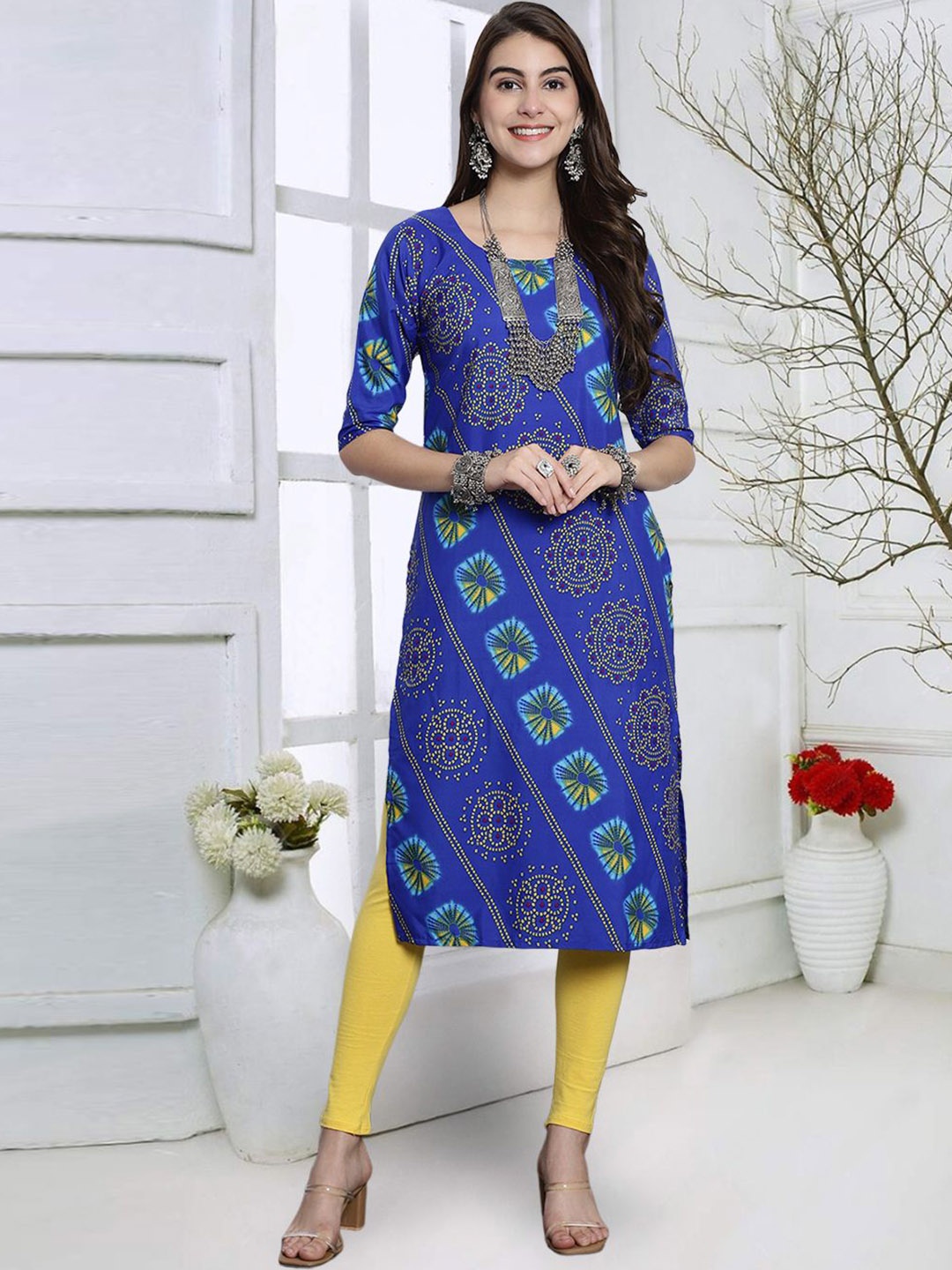

7Threads Bandhani Printed Round Neck Straight Kurta, Blue