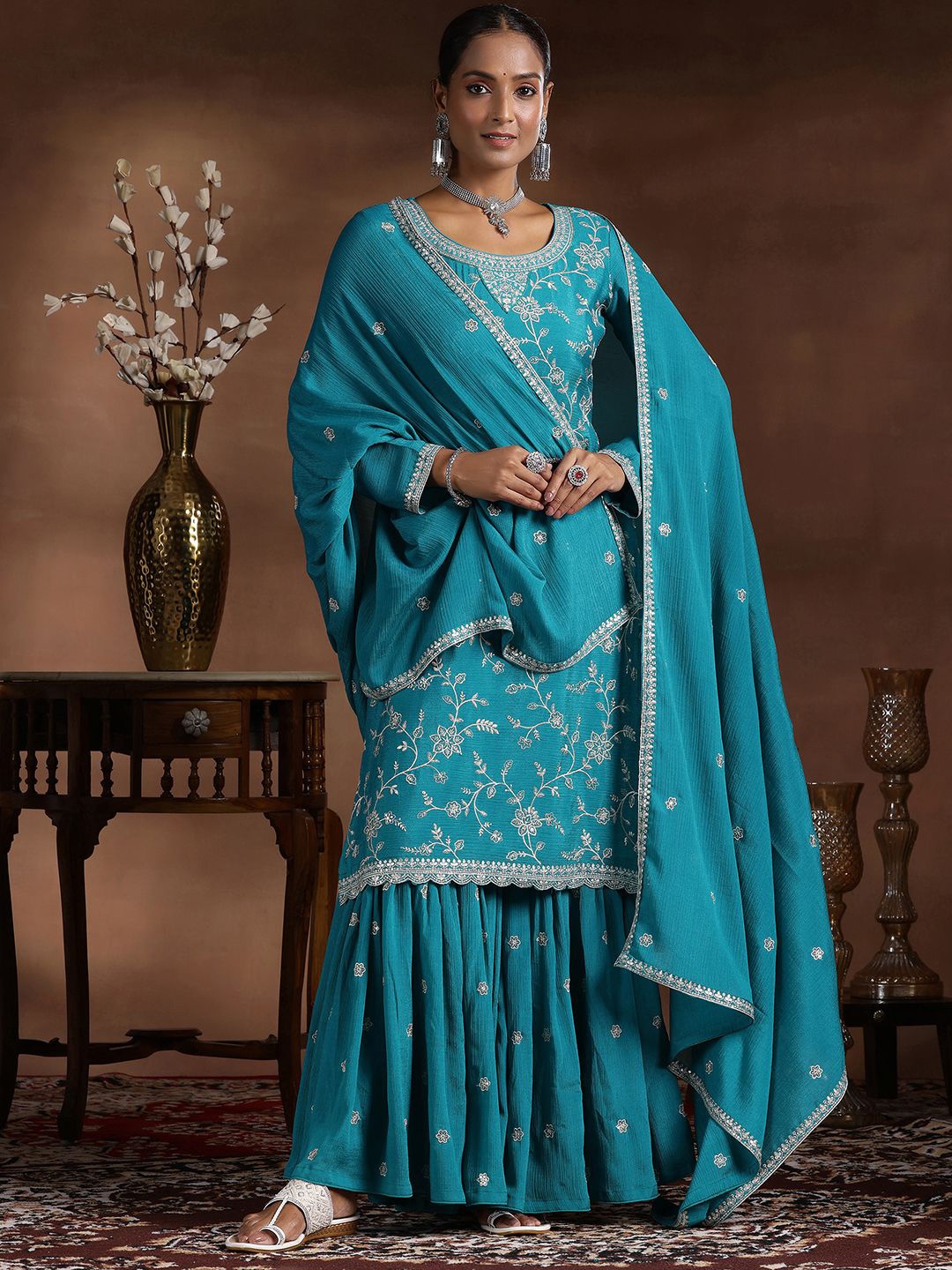 

Libas Floral Embroidered Sequinned Straight Kurta With Sharara And Dupatta, Blue