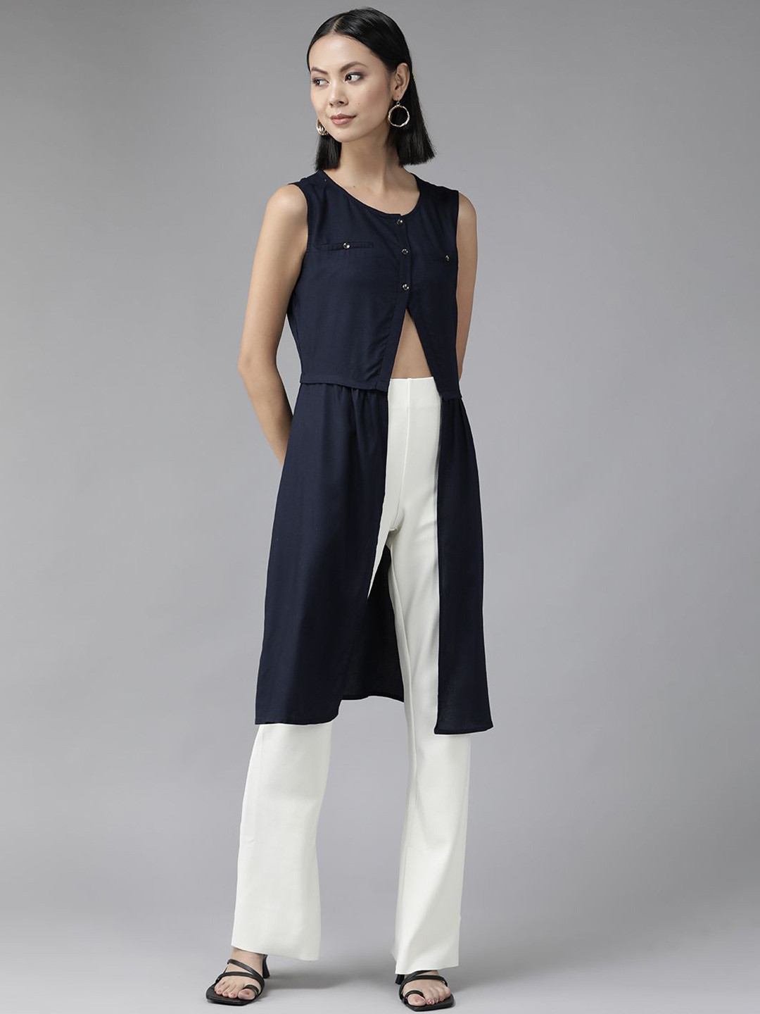 

BAESD Women Solid Round Neck Top, Navy blue
