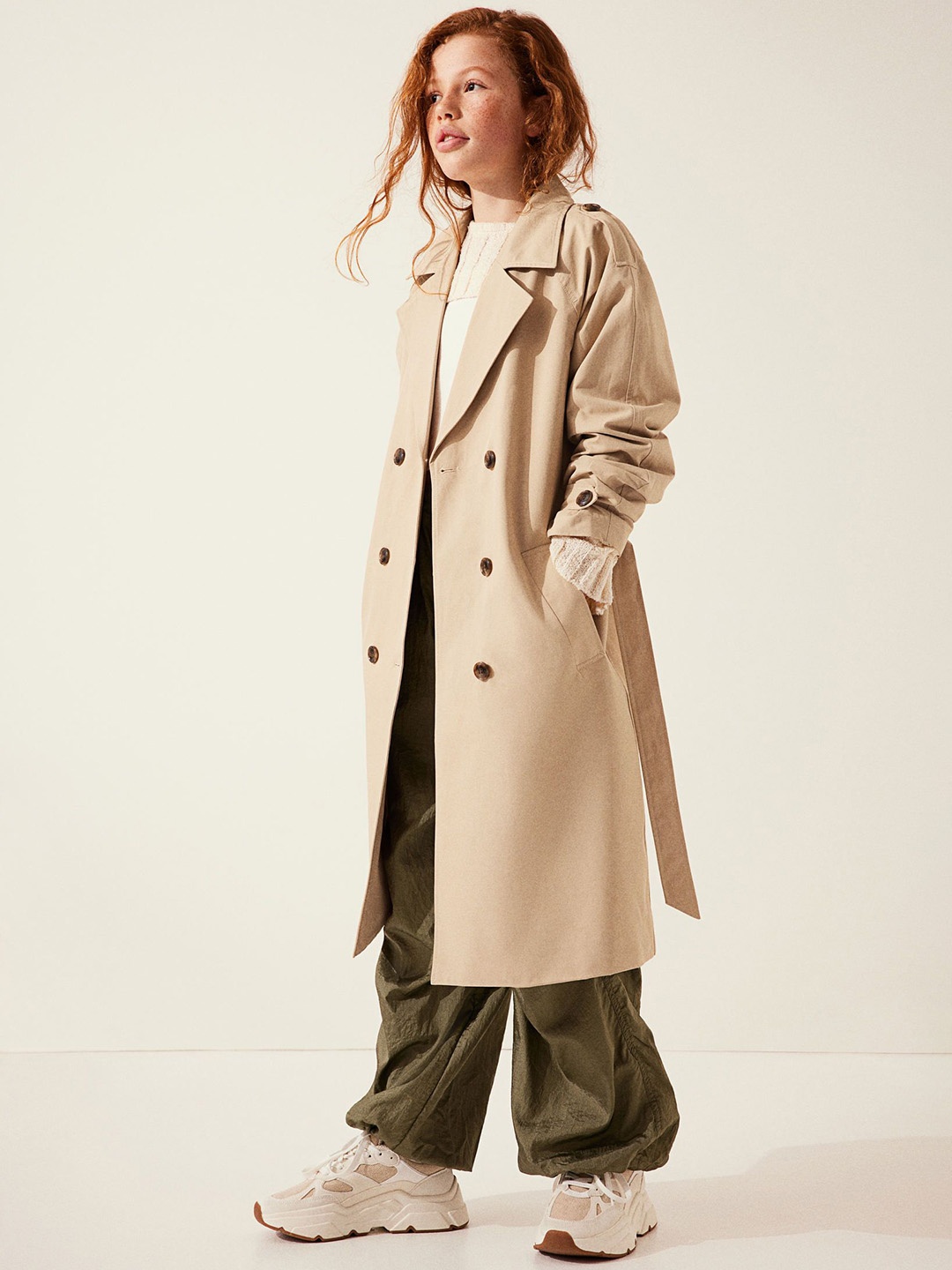 

H&M Girls Double-Breasted Trench Coat With Tie Belt, Beige