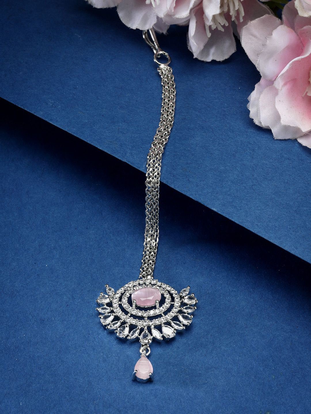 

ZENEME Rhodium-Plated American Diamond & Crystal Studded Maang Tikka, Silver