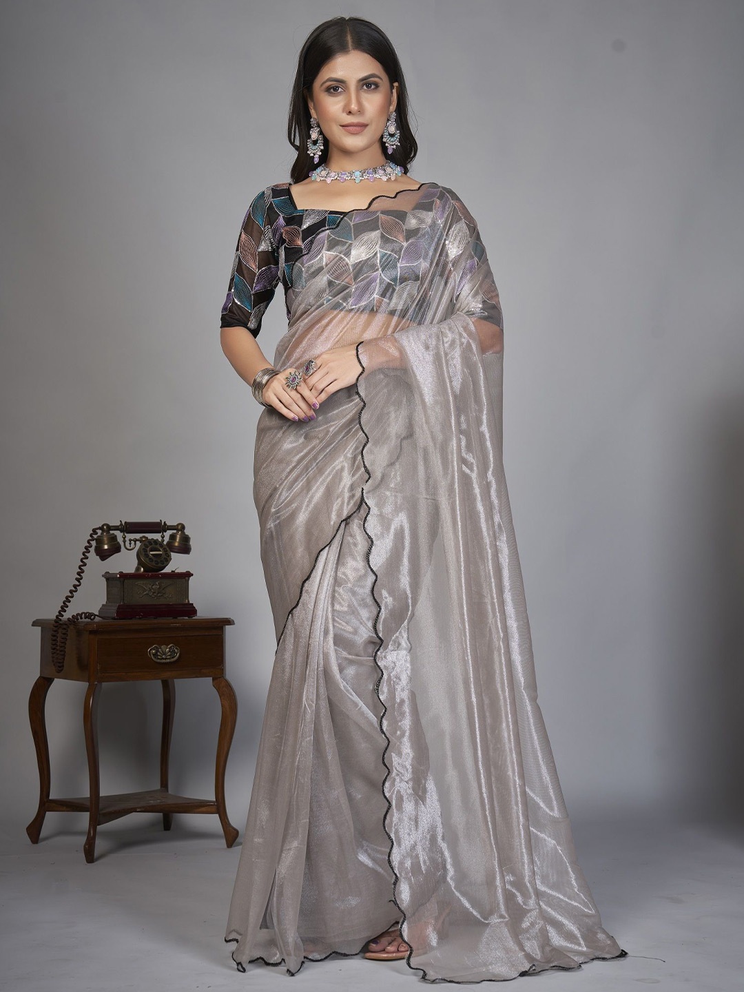 

LADY SHOPI Embroidered Organza Saree, Grey