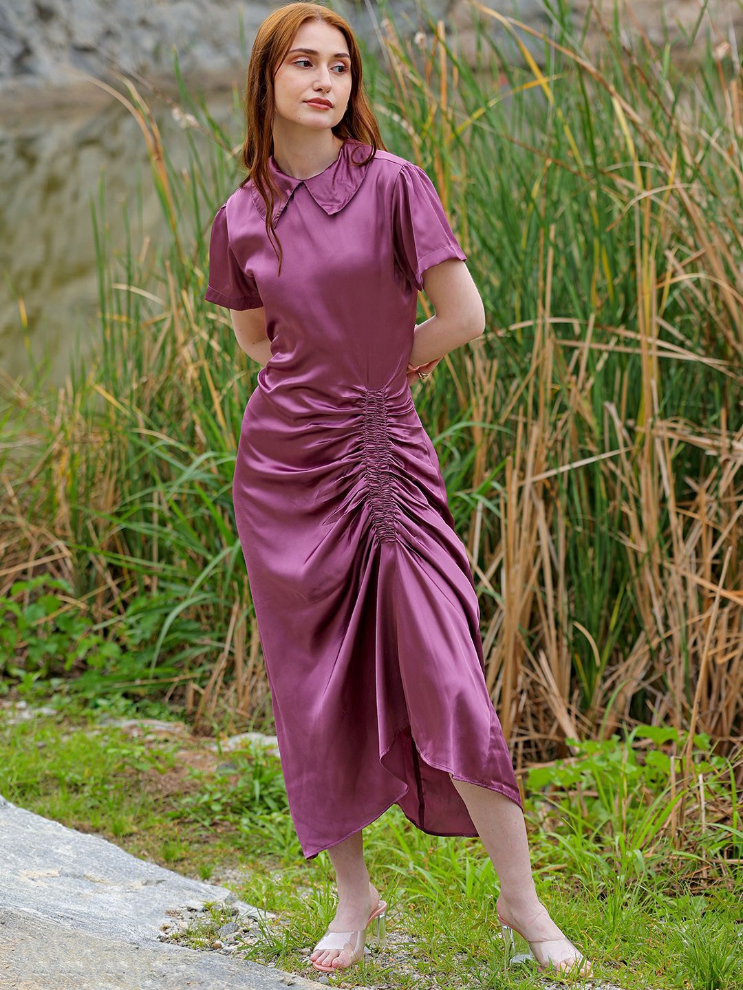 

Freehand by The Indian Garage Co Satin Ruched Maxi Dress, Purple