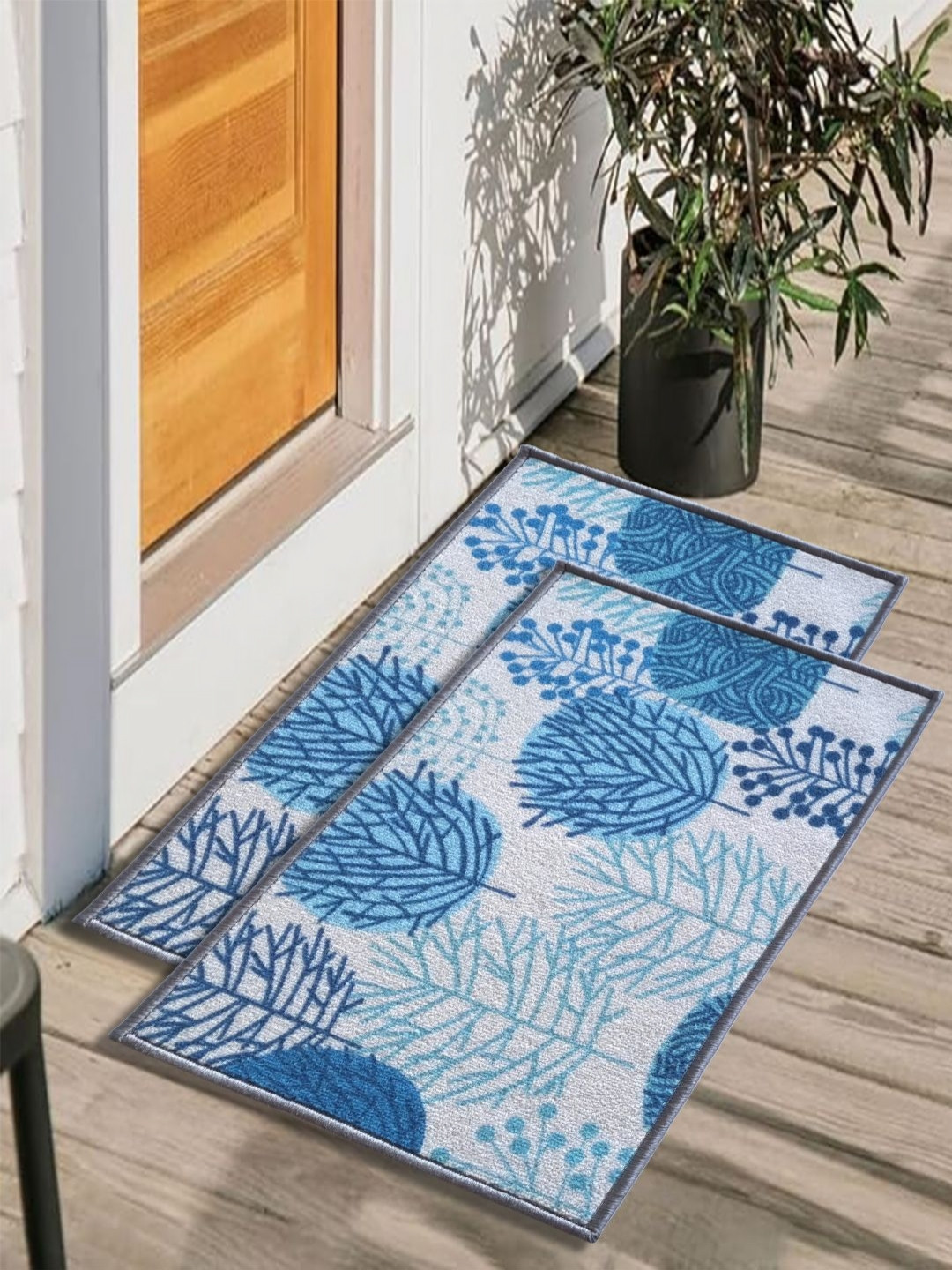

Matz and More Blue & White 2 Pieces Floral Printed Rectangle Anti-Skid Doormats