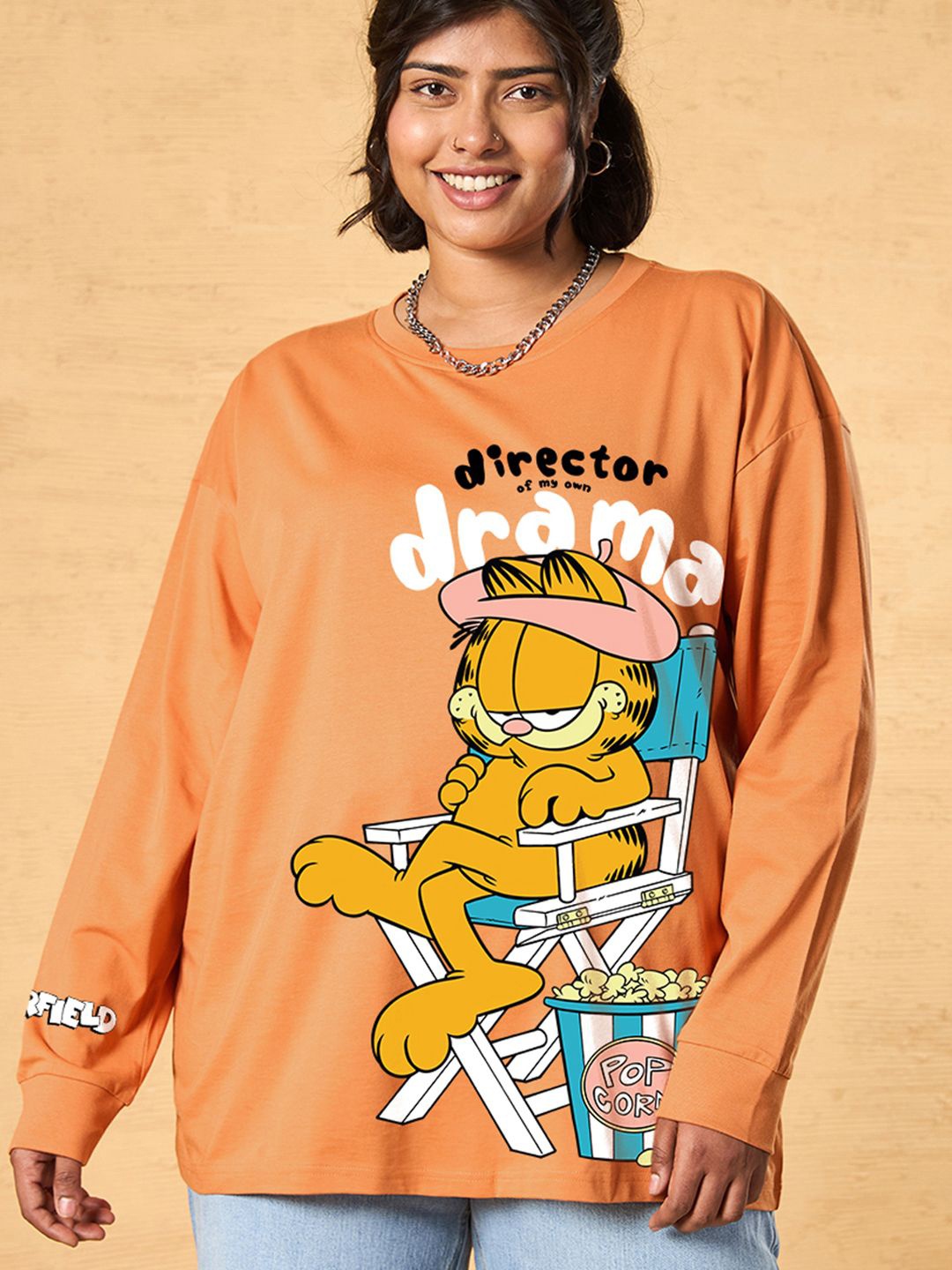 

Bewakoof Plus Women Graphic Printed Round Neck Cotton Oversized T-Shirt, Orange
