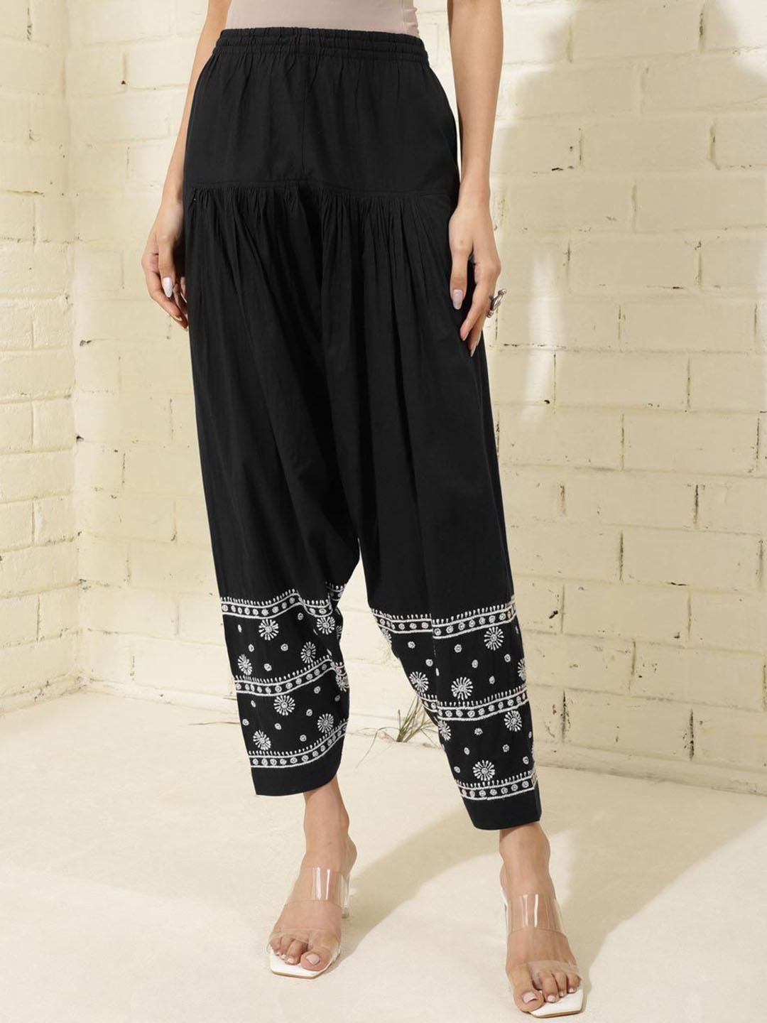 

Fabindia Women Embroidered Mid-Rise Straight Fit Cotton Salwar, Black