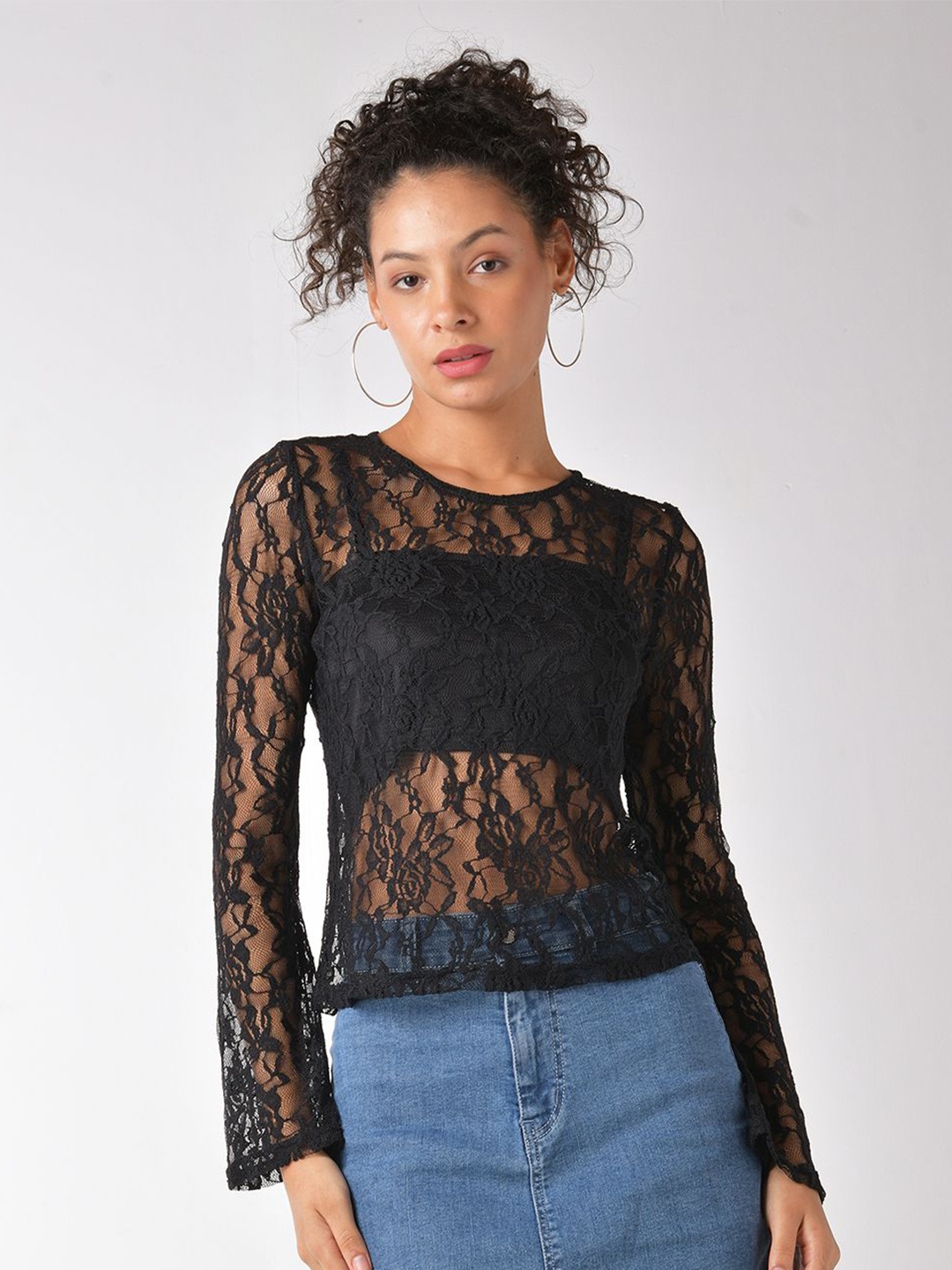 

IZF Sheer Lace Top With Matching Camisole, Black