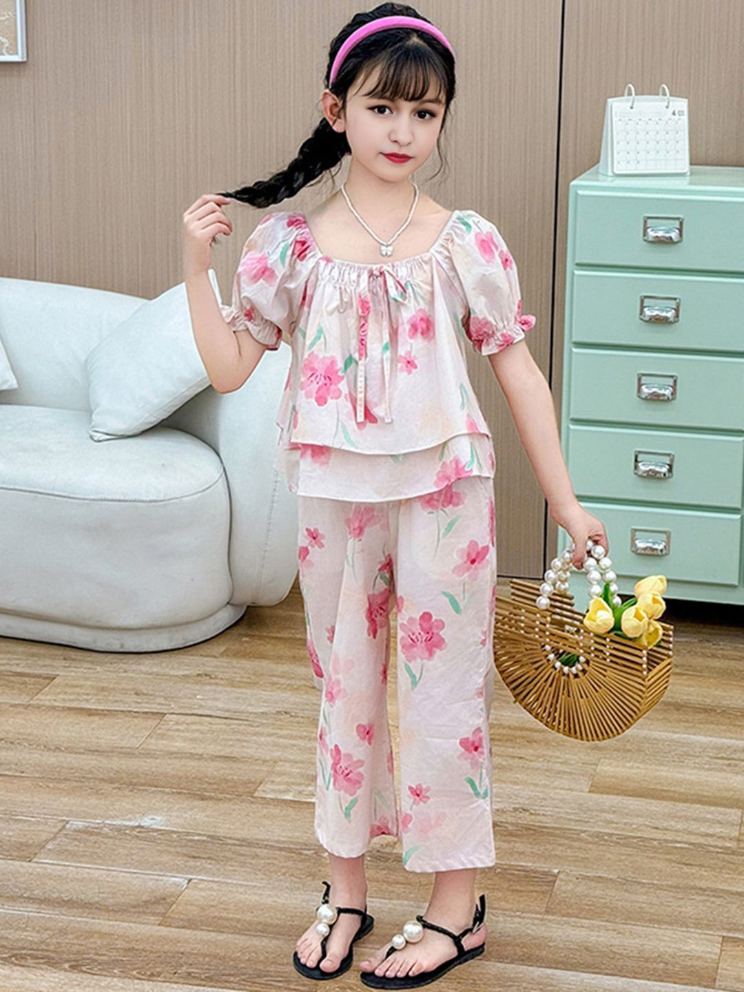 

INCLUD Girls Printed Top with Trousers, Pink