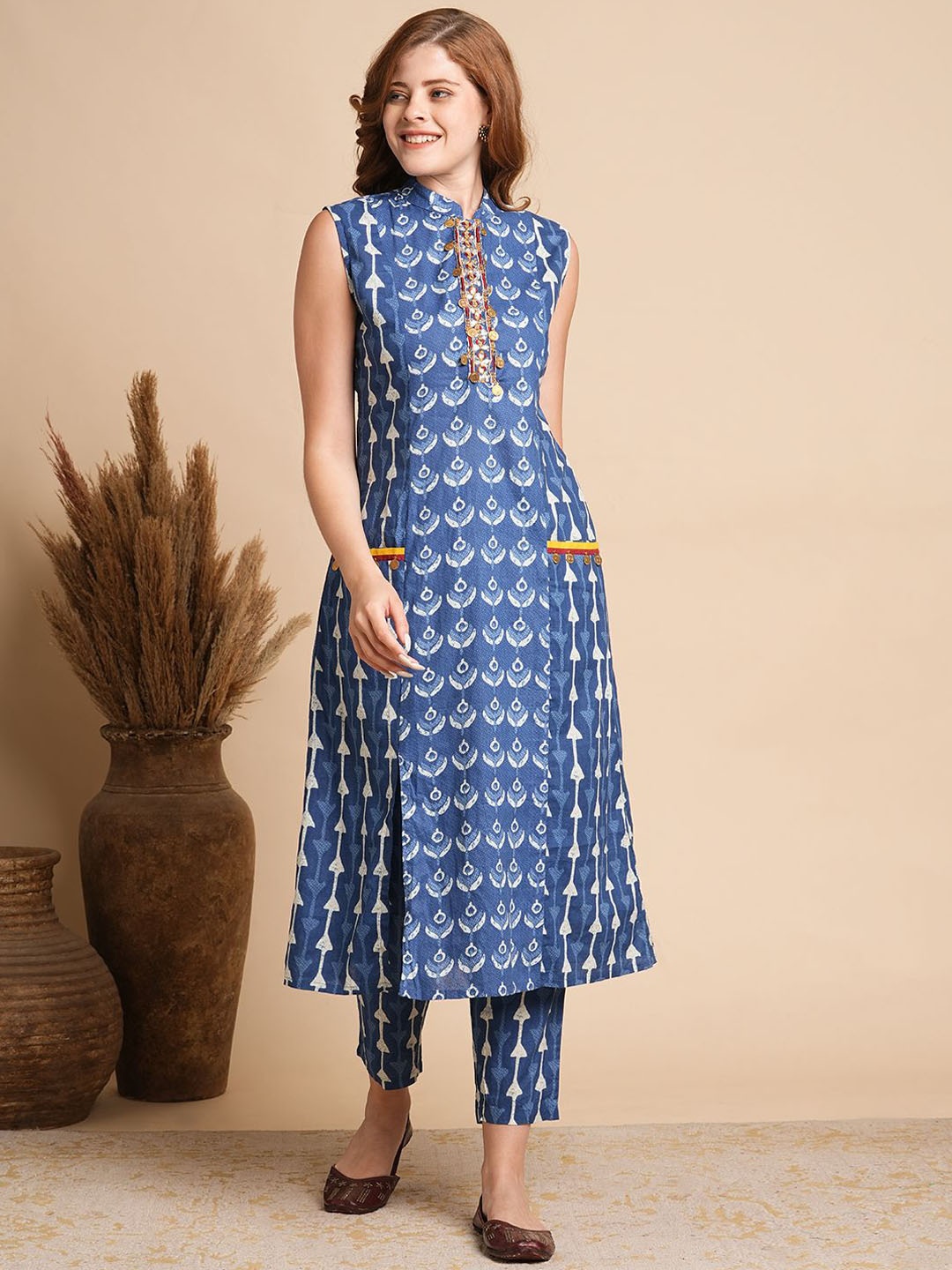 

FASHOR Ethnic Motifs Printed Panelled Mirror Work Pure Cotton Kurta With Trousers, Blue