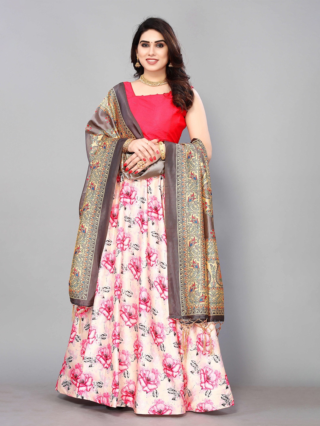 

Kaizen TEXO FAB Semi-Stitched Lehenga & Unstitched Blouse With Dupatta, Pink
