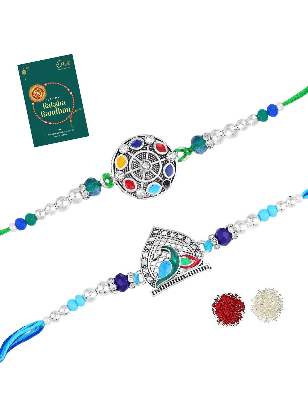 

Estele Set of 2 Stones Studded & Beaded Oxidized Thread Rakhis, Silver