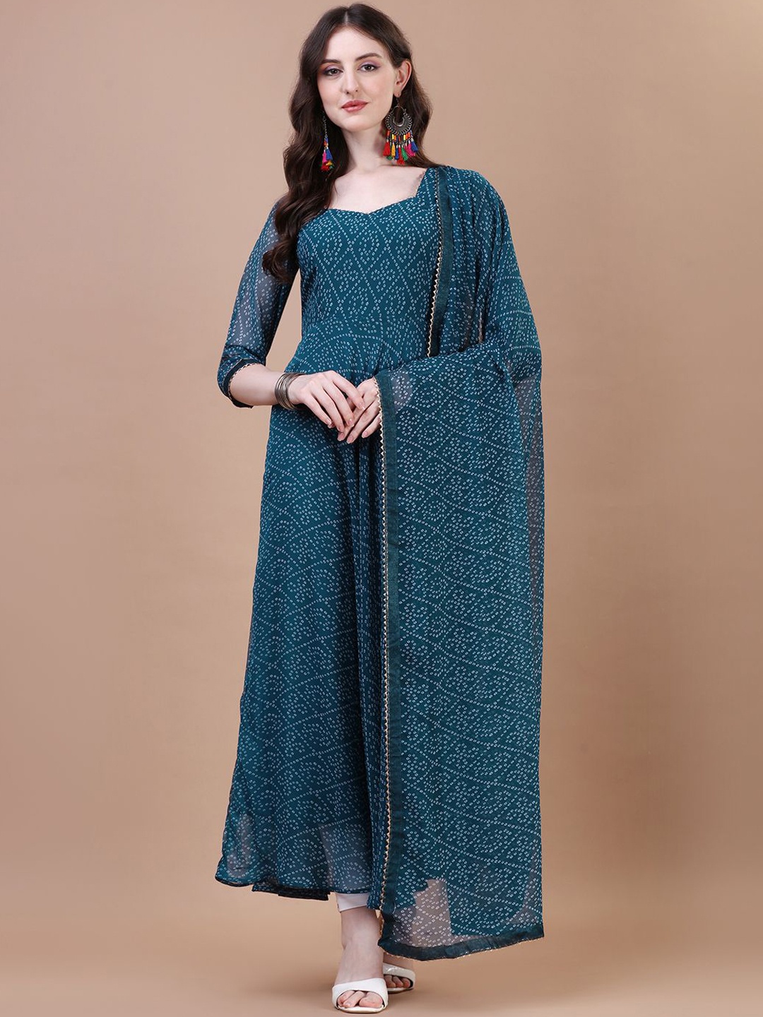 

PMD Fashion Bandhani Printed Gotta Patti Silk Georgette Anarkali Kurta With Dupatta, Teal