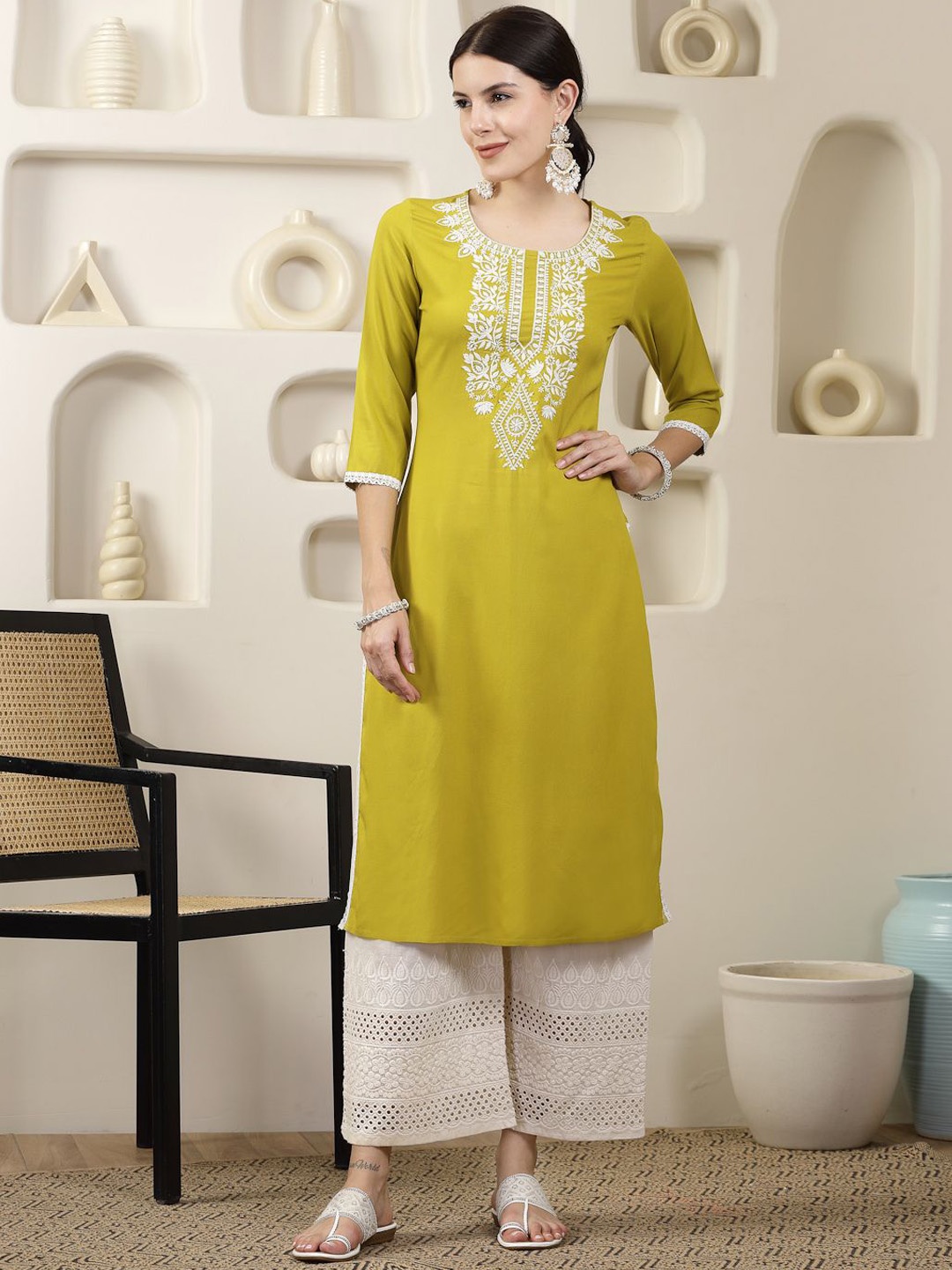

Stylum Floral Yoke Design Thread Work Pastels Straight Kurta, Yellow