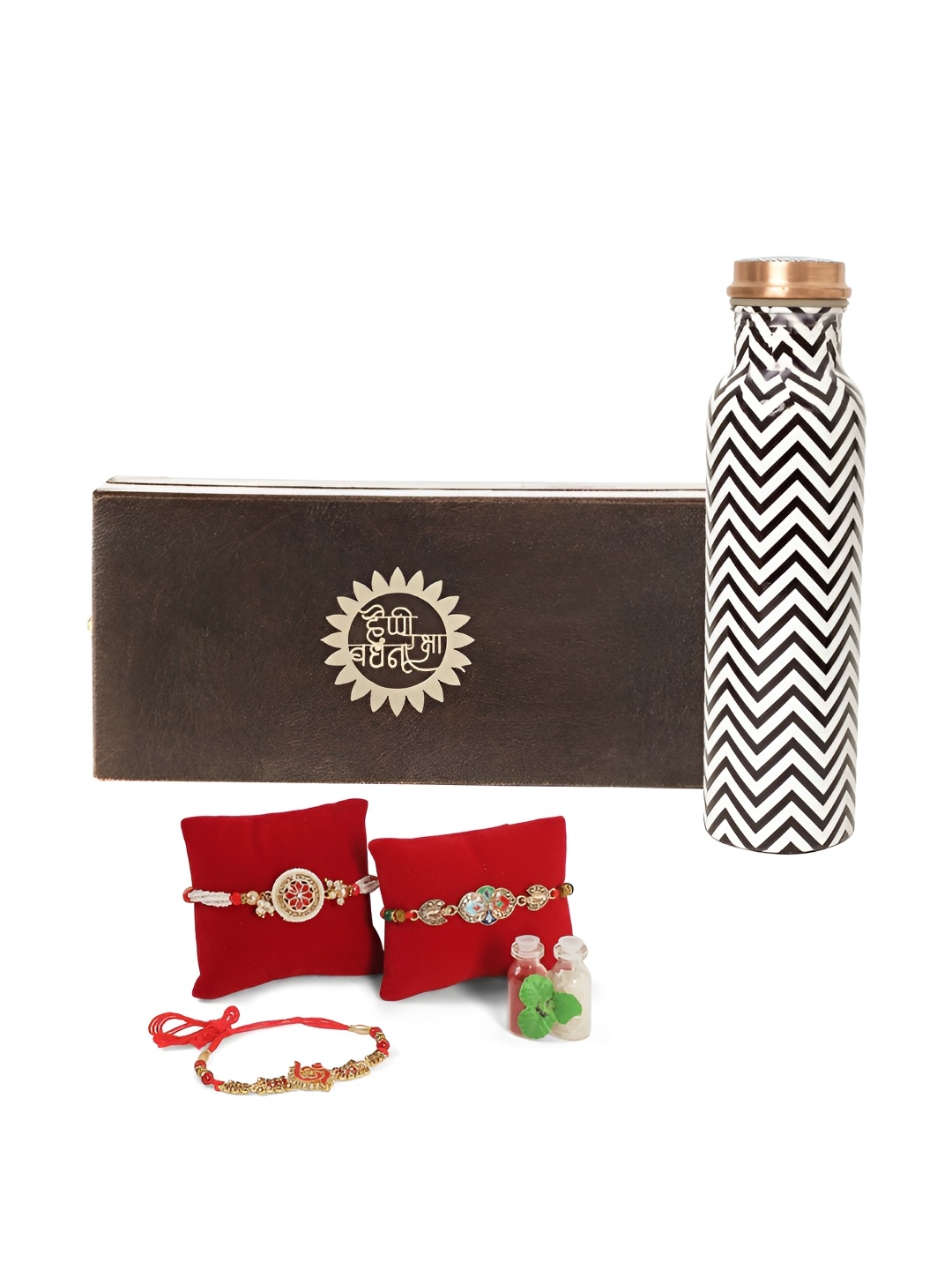 

INTERNATIONAL GIFT Set Of 4 Rakhis With Copper Water Bottle & Roli Chawal, Red