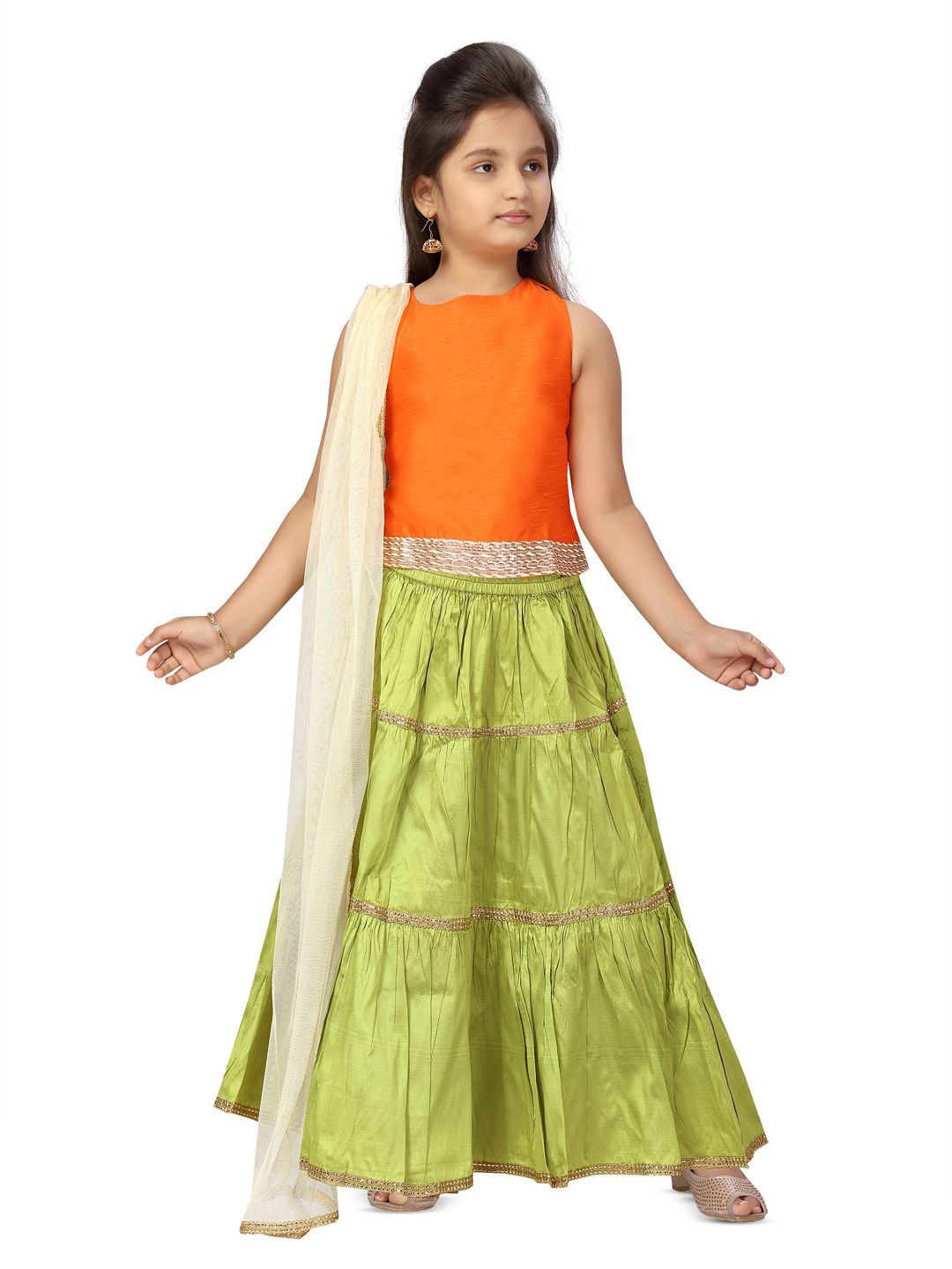 

BAESD Girls Sleeveless Silk Ready to Wear Lehenga & Blouse With Dupatta, Orange