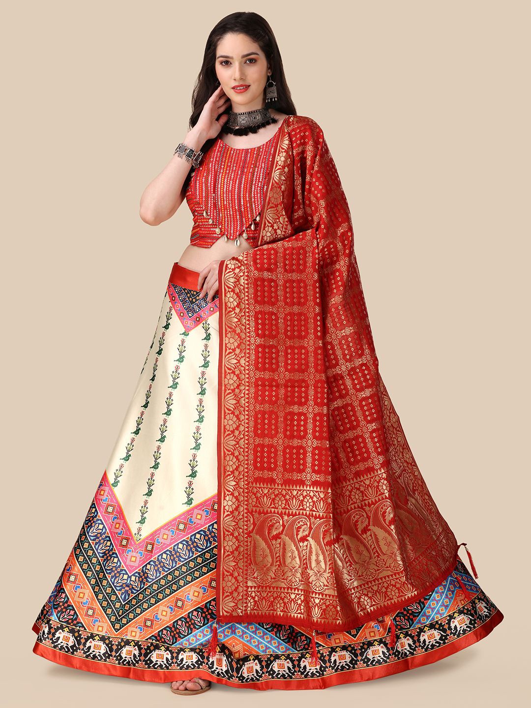 

Kaizen TEXO FAB Printed Semi-Stitched Lehenga & Unstitched Blouse With Dupatta, Red