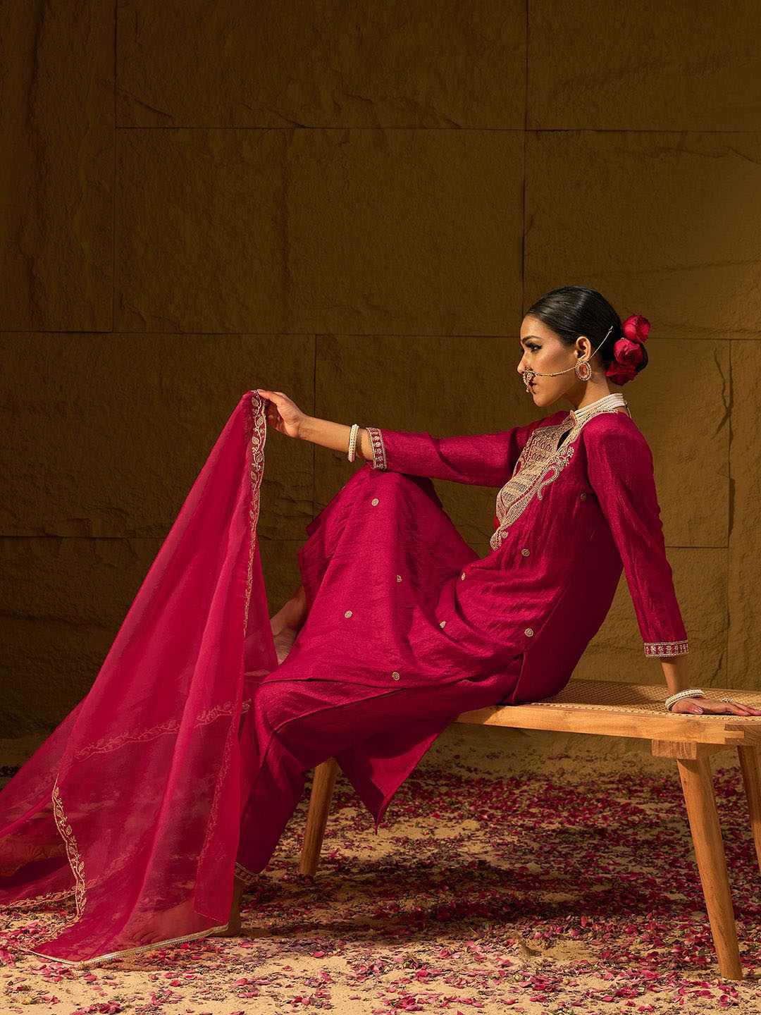 

Indo Era Ethnic Motifs Embroidered V-Neck Straight Kurta With Palazzos & Dupatta, Red