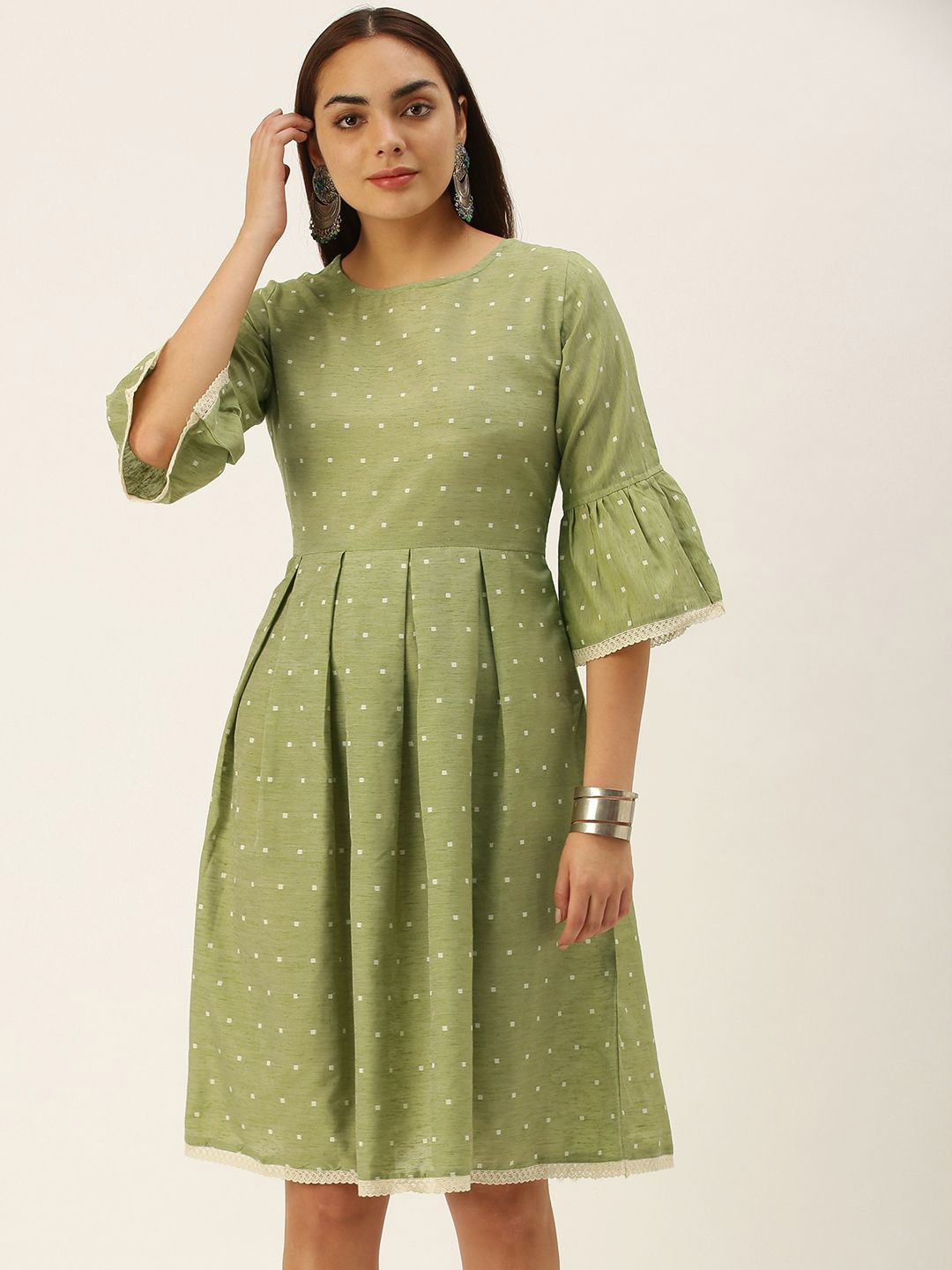 

KALINI Polka Dots Printed Bell Sleeves Fit and Flare Ethnic Dress, Green