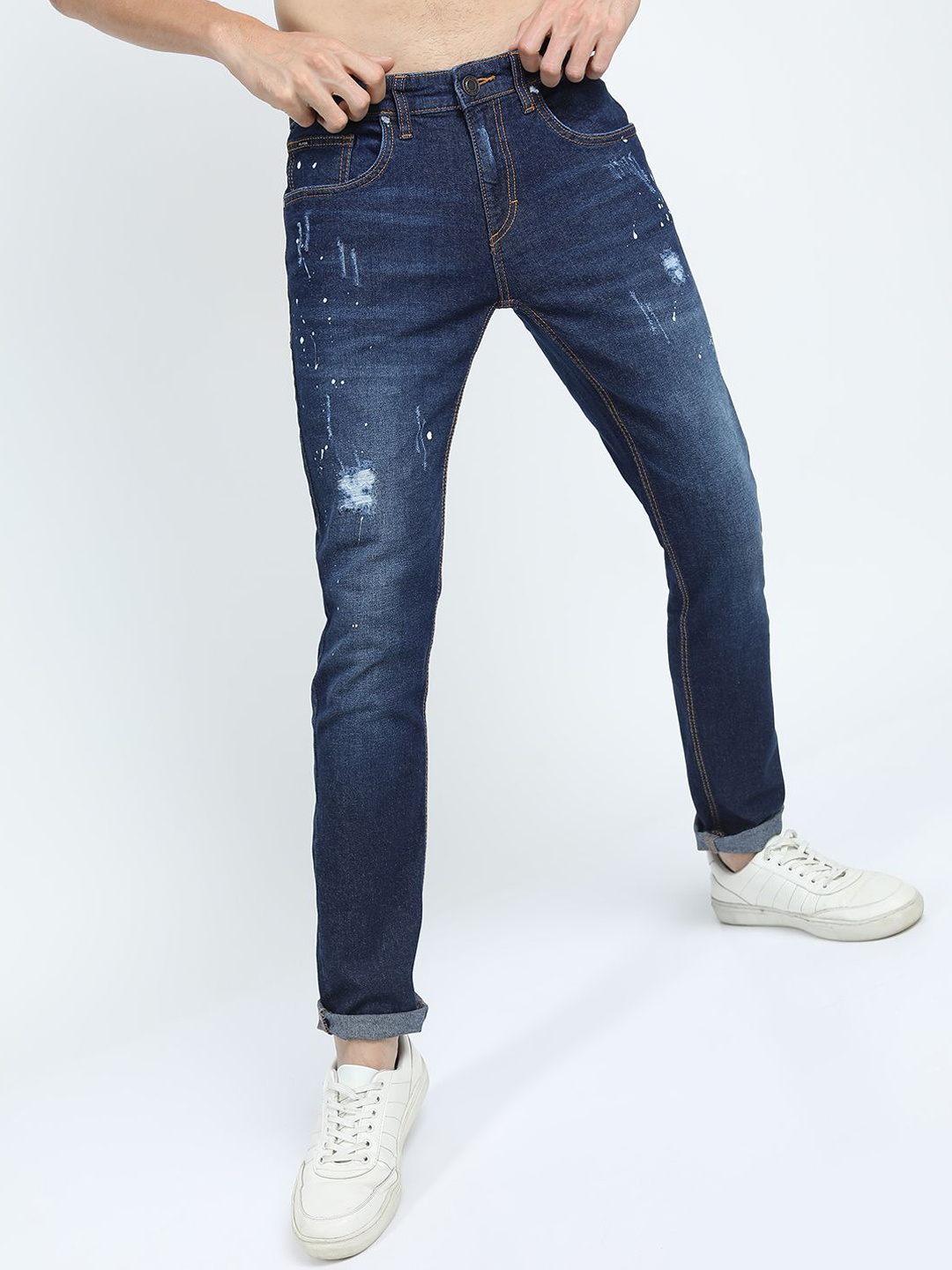 

HIGHLANDER Men Slim Fit Low Distressed Light Fade Stretchable Jeans, Blue