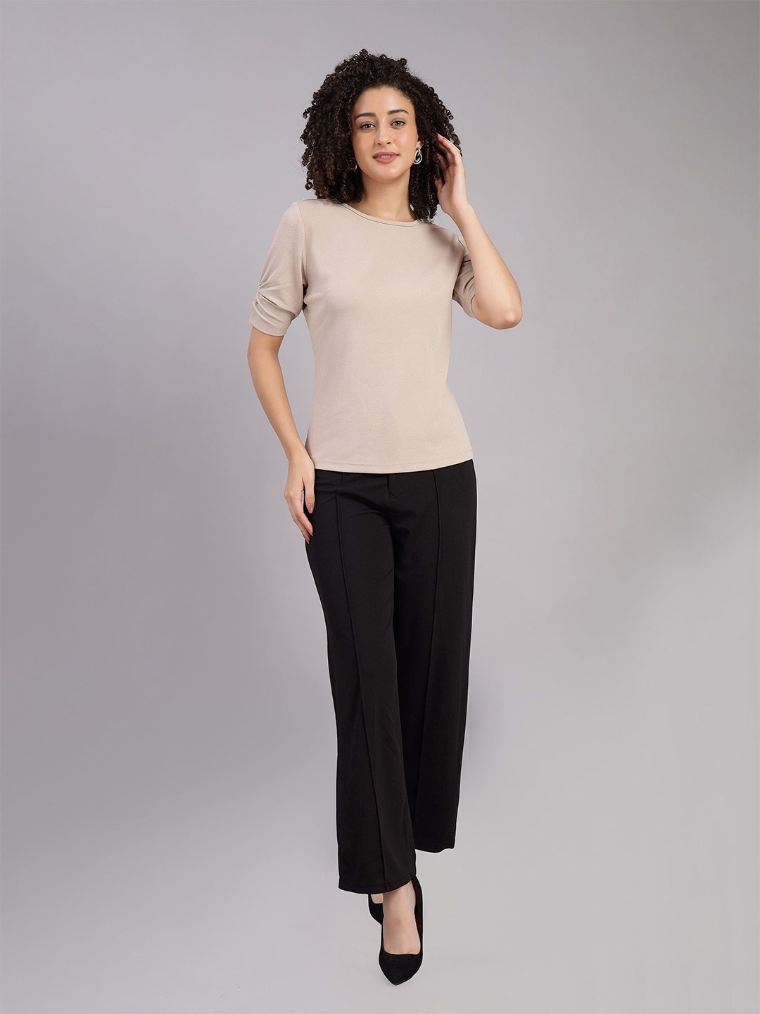 

VISO Women Solid Round Neck Top, Beige