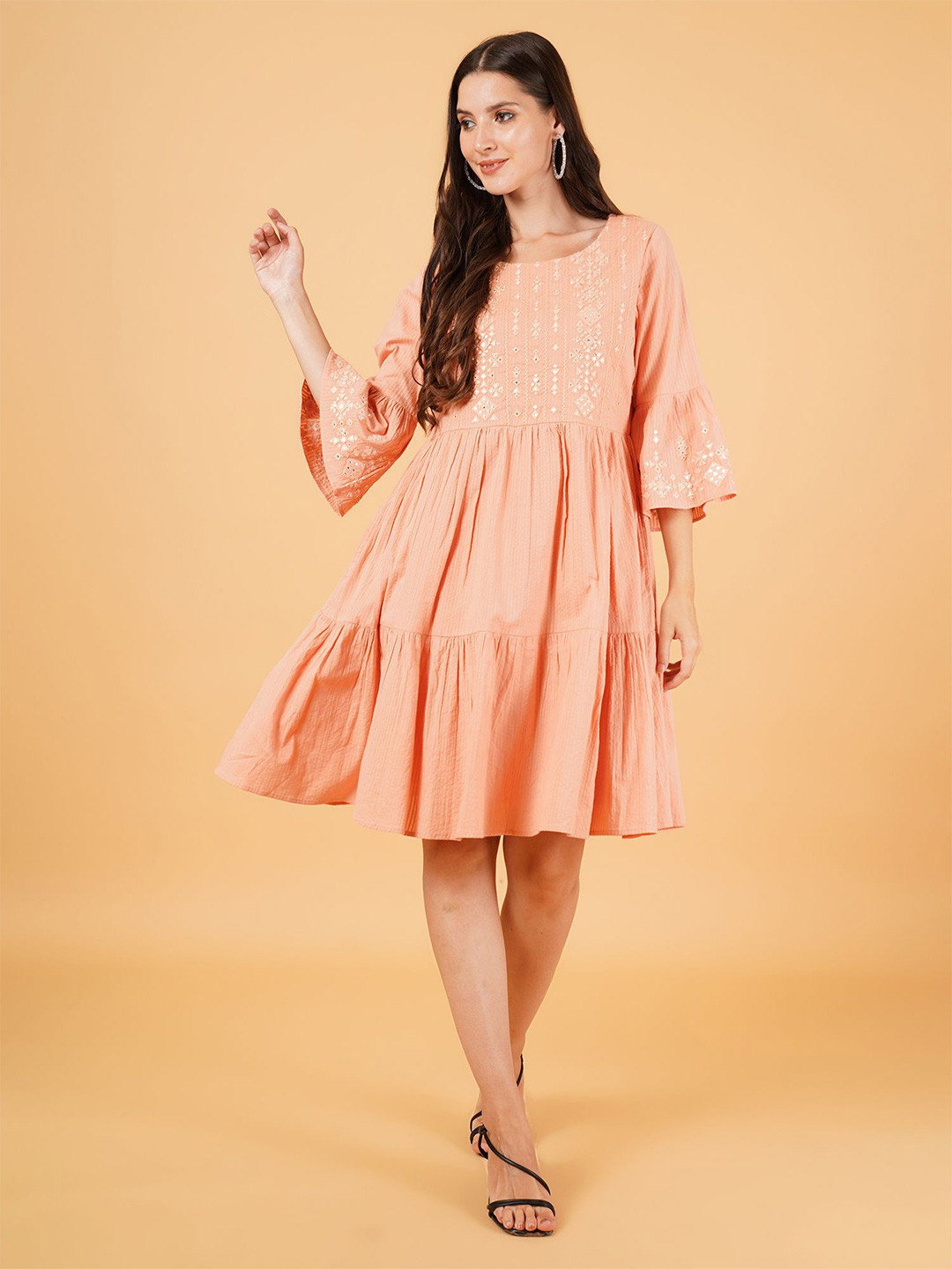 

IX IMPRESSION Embroidered Bell Sleeve Tiered Fit & Flare Dress, Peach