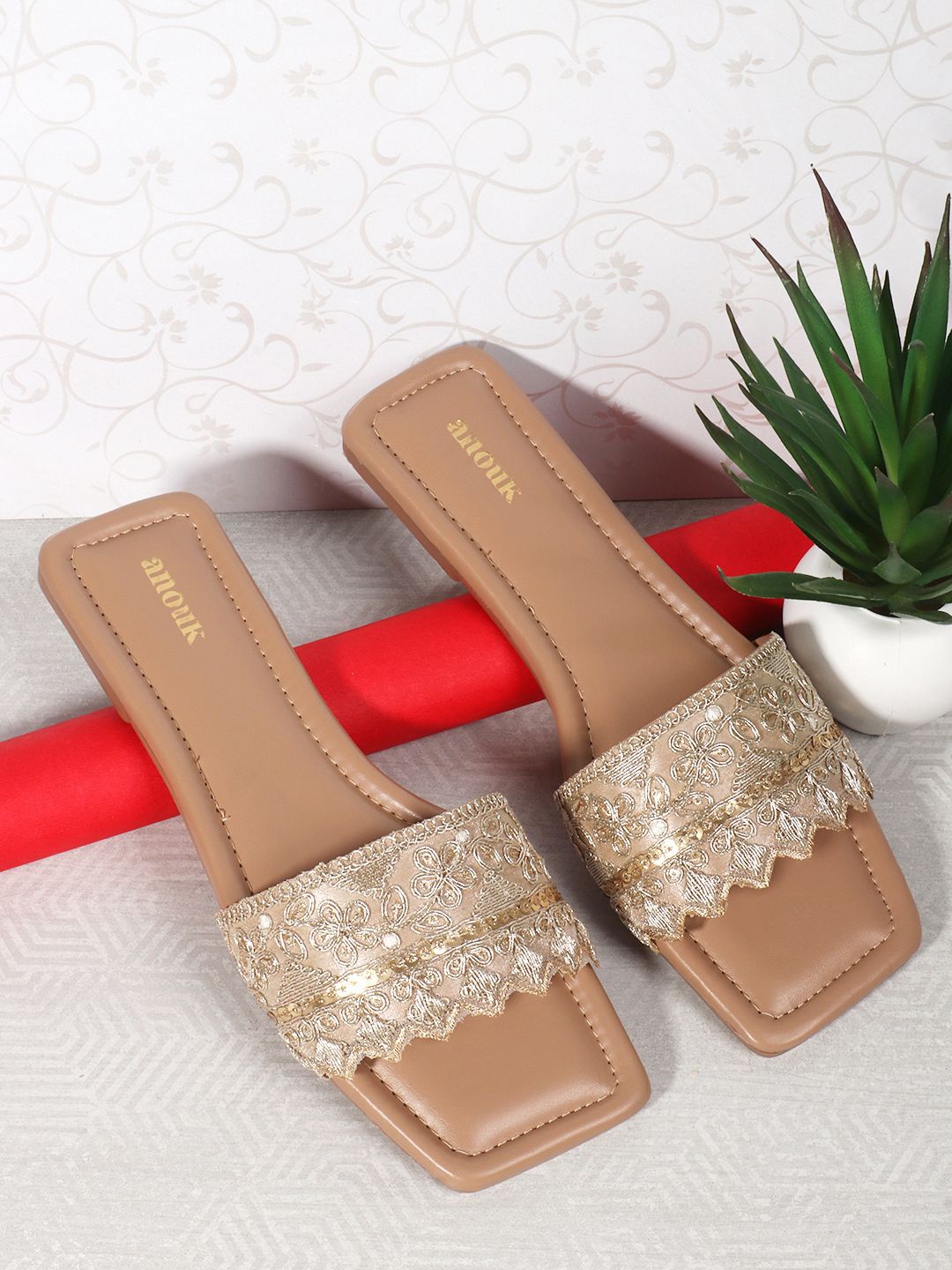 

Anouk Women Embellished Open Toe Flats, Beige