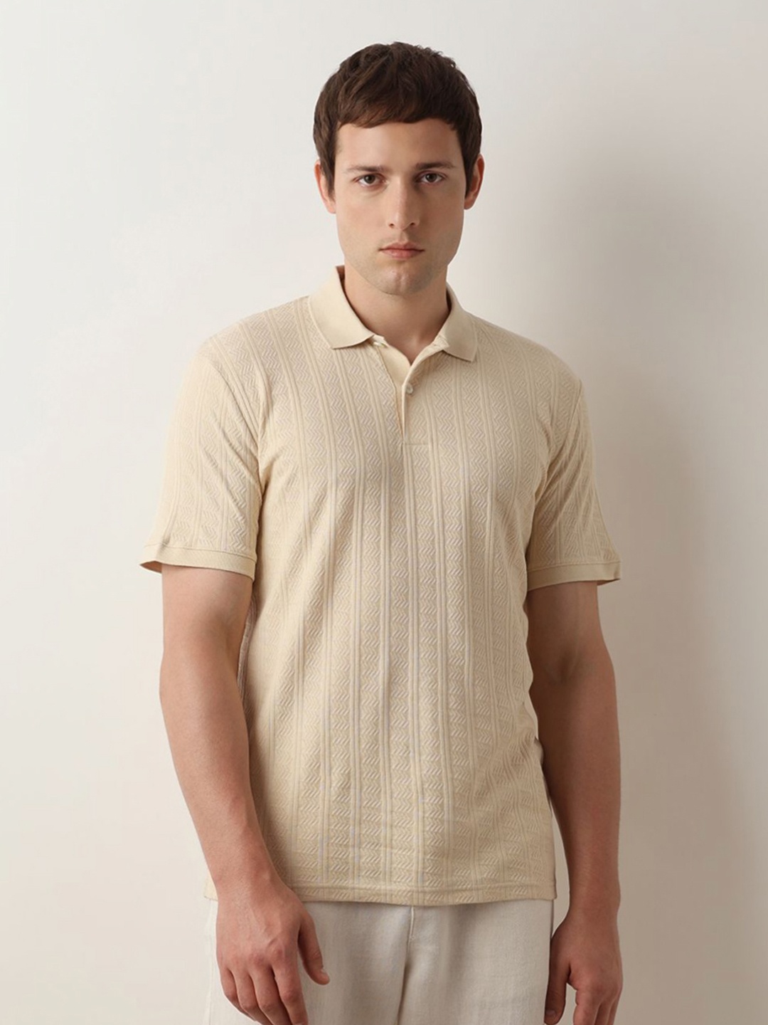 

SELECTED Men Solid Polo Collar Cotton Slim Fit T-Shirt, Beige