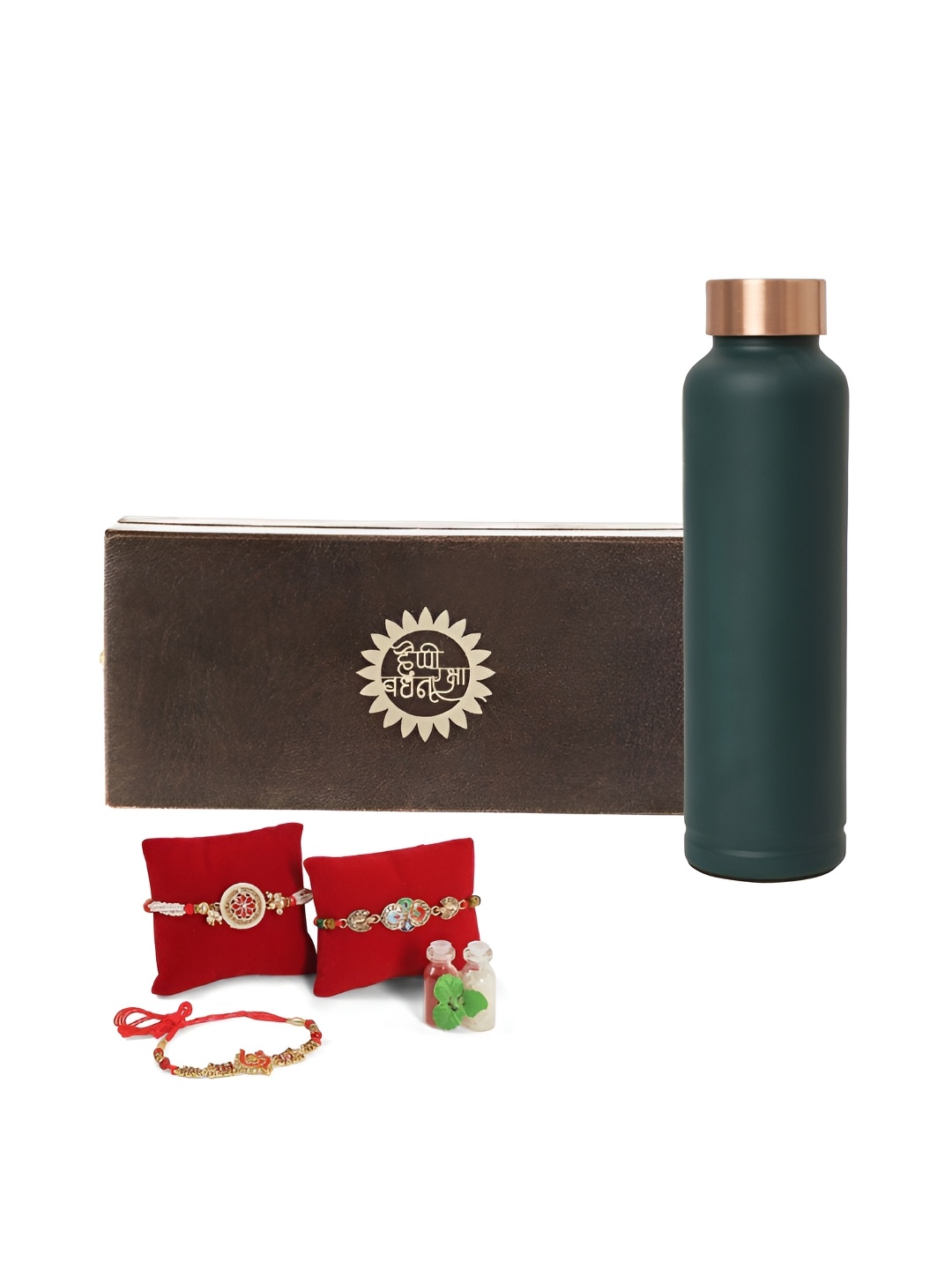 

INTERNATIONAL GIFT Set Of 4 Beaded Rakhis With Water Bottle & Roli Chawal, Green