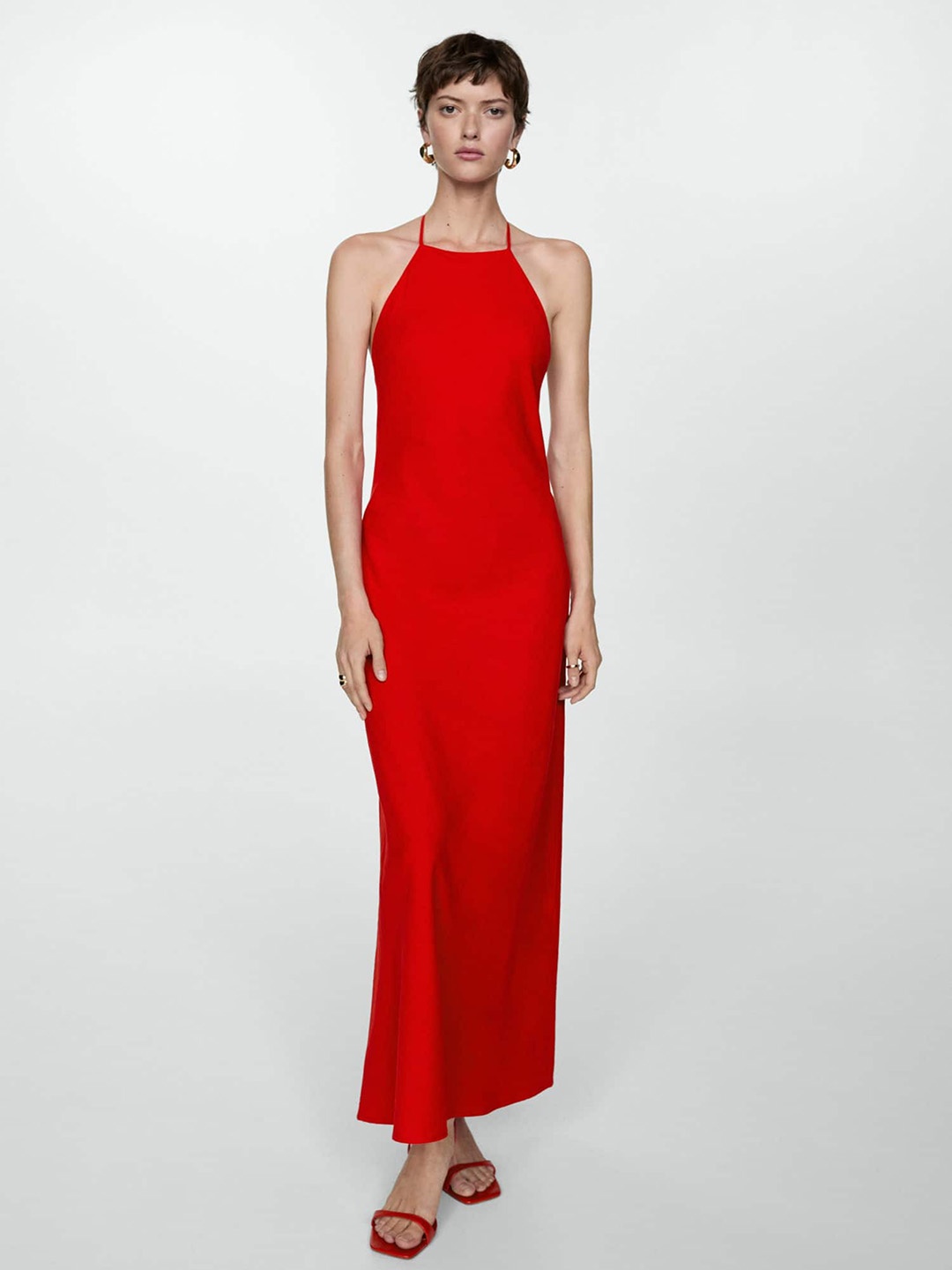 

MANGO Halter Neck A-Line Maxi Dress, Red