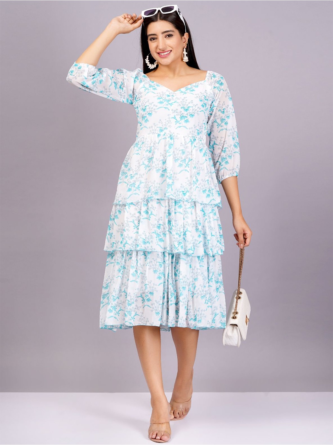 

JC4U Women Floral Printed Puff Sleeves Fit and Flare Midi Dress, Blue