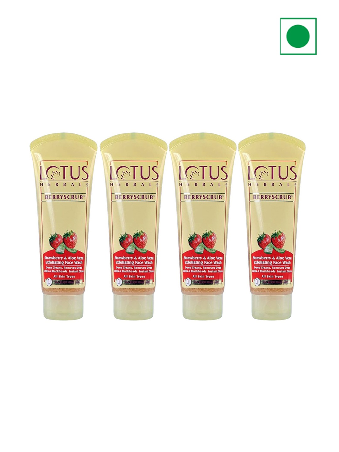 

Lotus Herbals Set Of 4 Berryscrub Strawberry & Aloe Vera Exfoliating Face Wash-120g Each, Cream