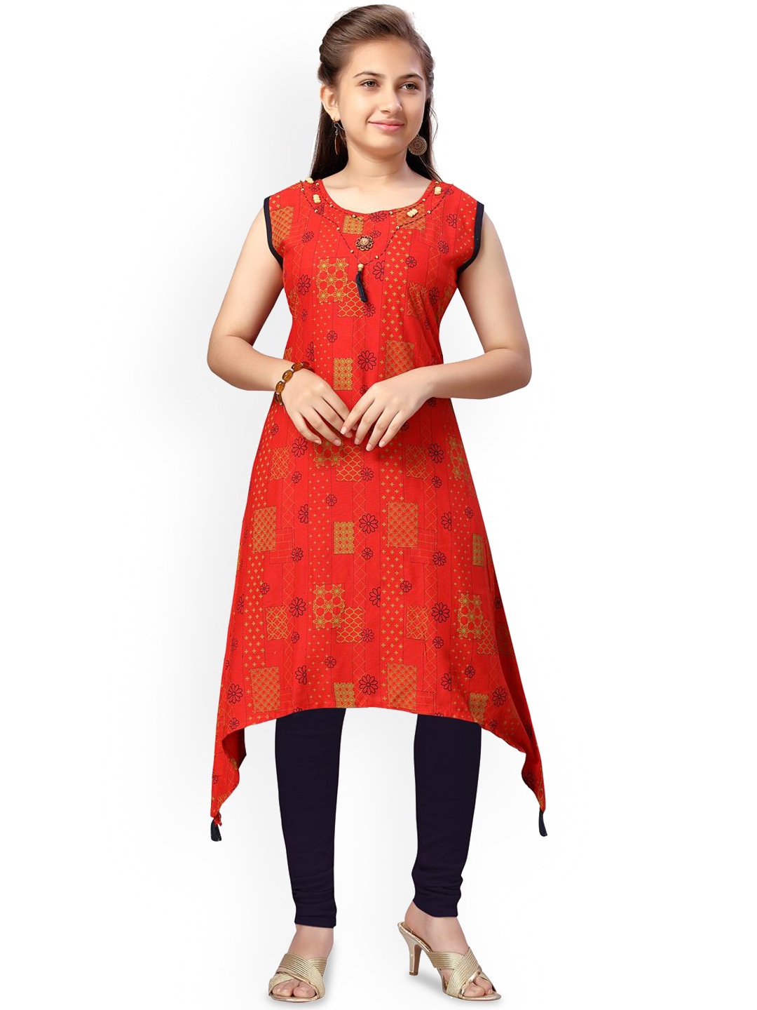 

BAESD Girls Floral Printed Sleeveless Cotton A-Line Kurta, Red