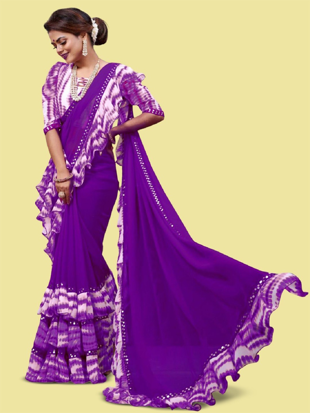 

LADY SHOPI Tie and Dye Sequinned Pure Georgette Saree, Lavender