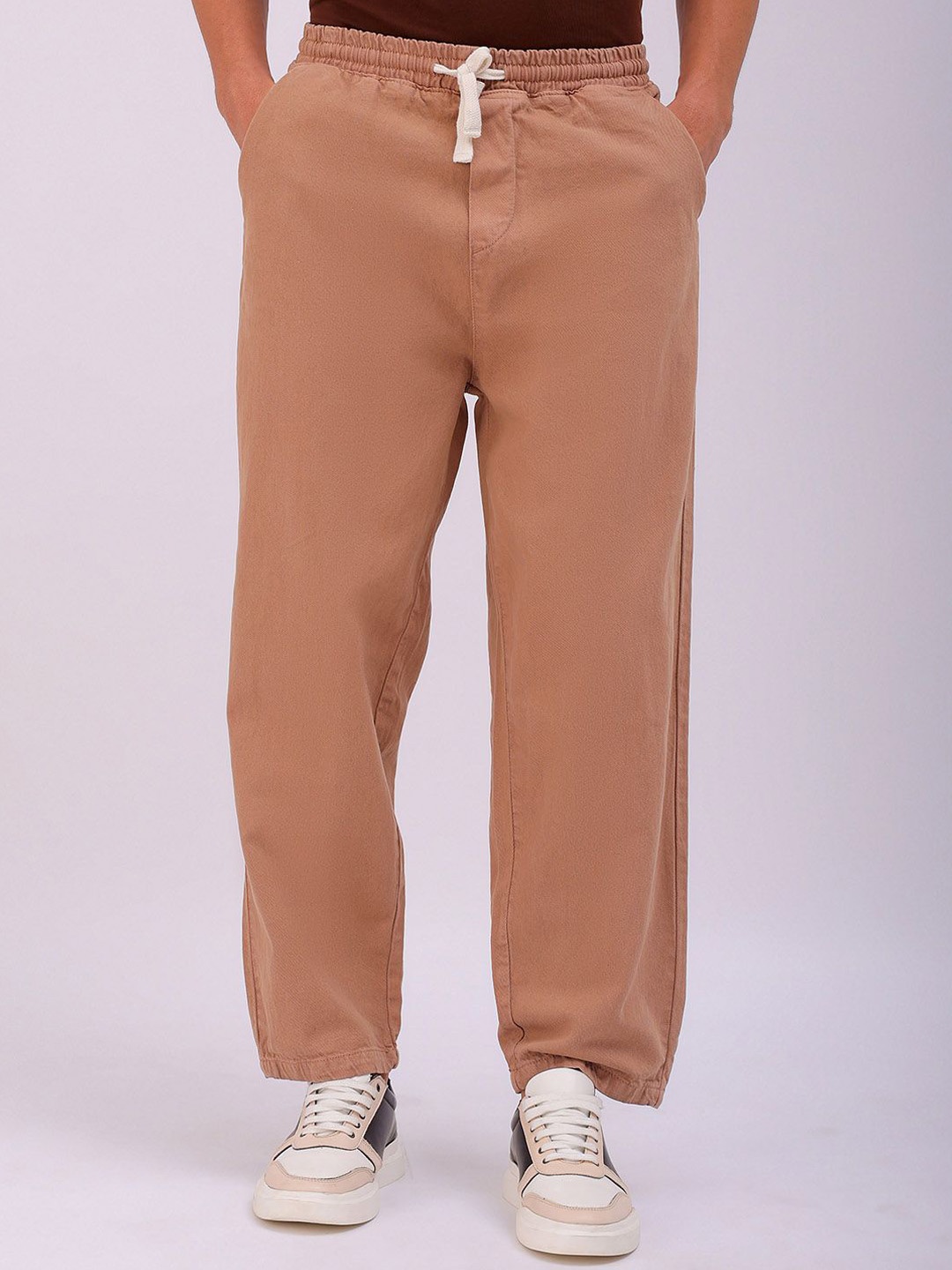 

The Indian Garage Co Men Baggy Fit Cotton Elasticated Waist Jeans, Brown