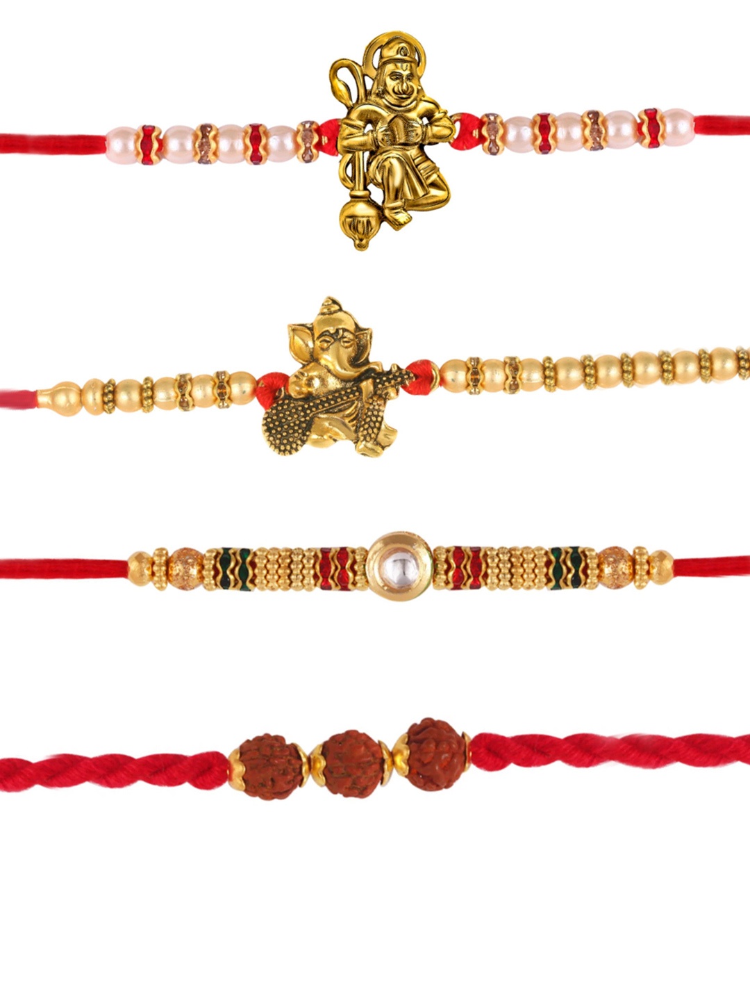 

Vighnaharta Set of 4 Religious Stones Studded & Pearls Thread Rakhis, Red