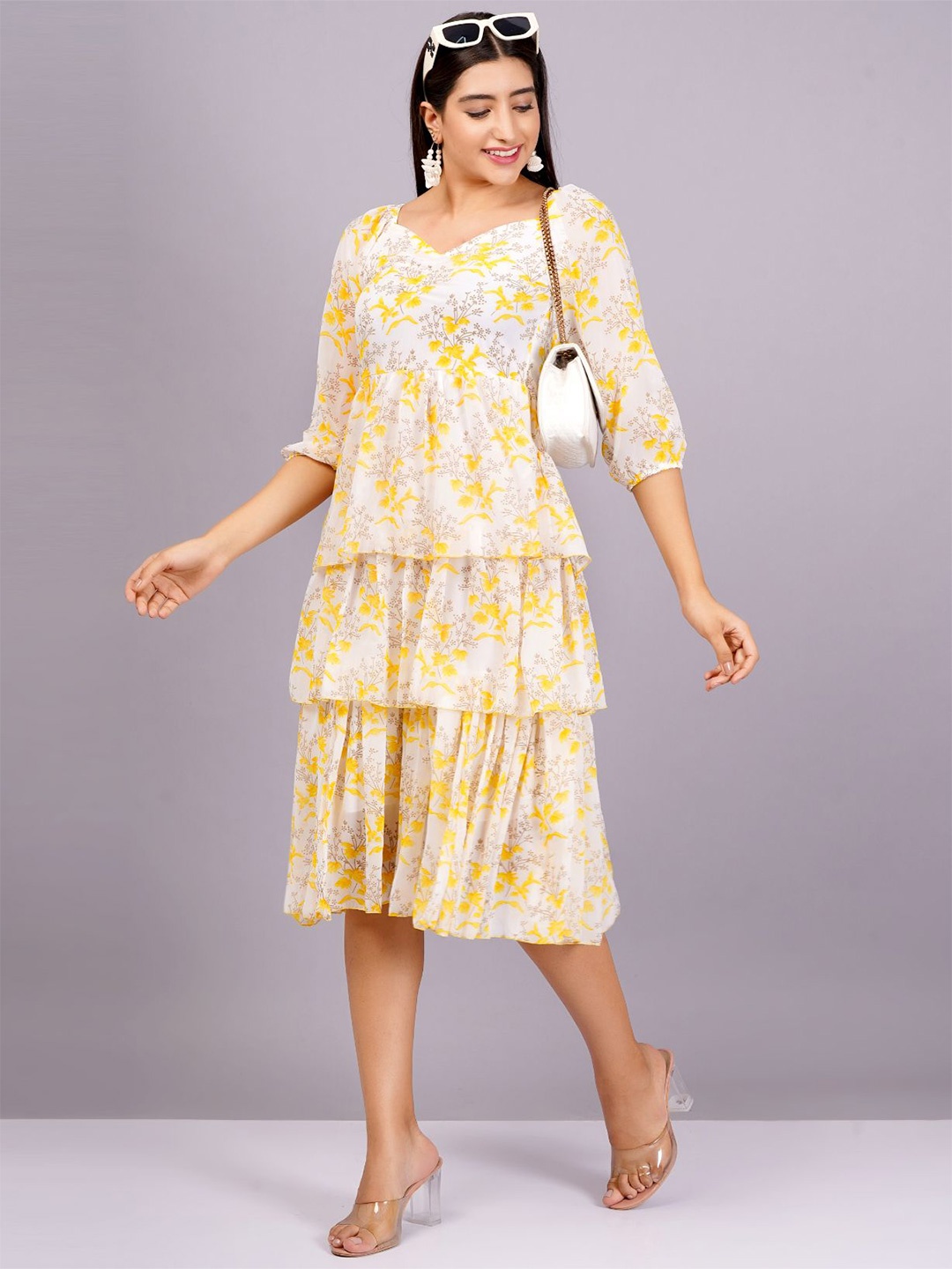 

JC4U Floral Print Georgette A-Line Midi Dress, Yellow