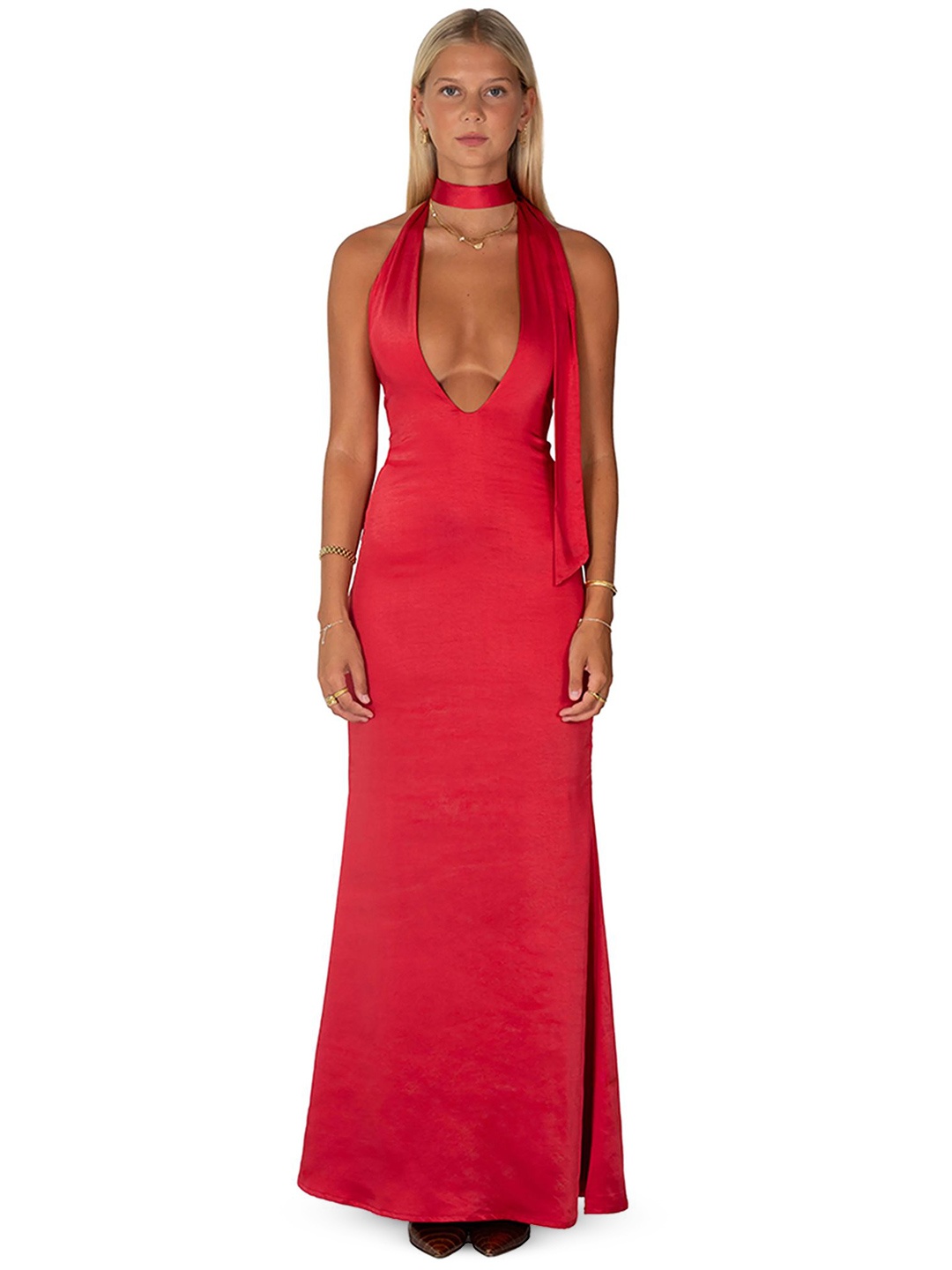 

LULU & SKY Halter Neck Maxi Dress, Red