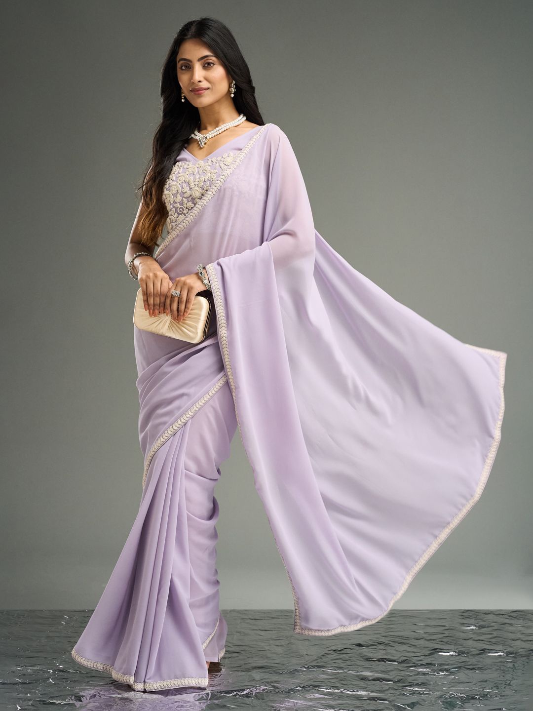 

kasee Solid Embroidered Pure Georgette Saree, Lavender