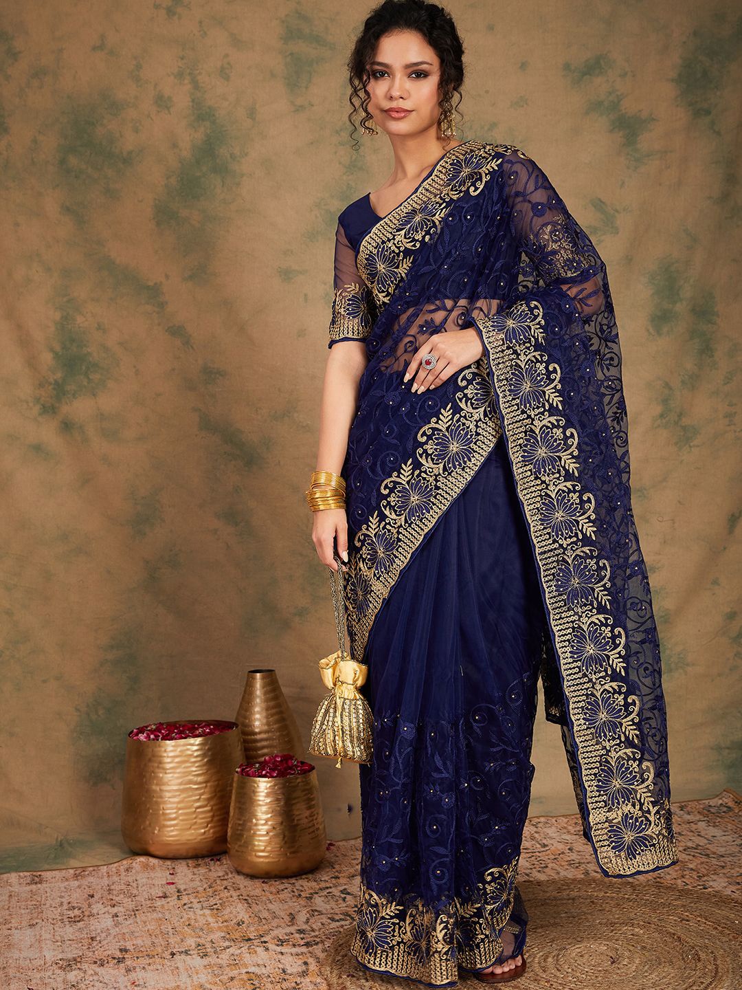 

SHADOW & SAINING Ethnic Motifs Beads and Stones Net Saree, Navy blue