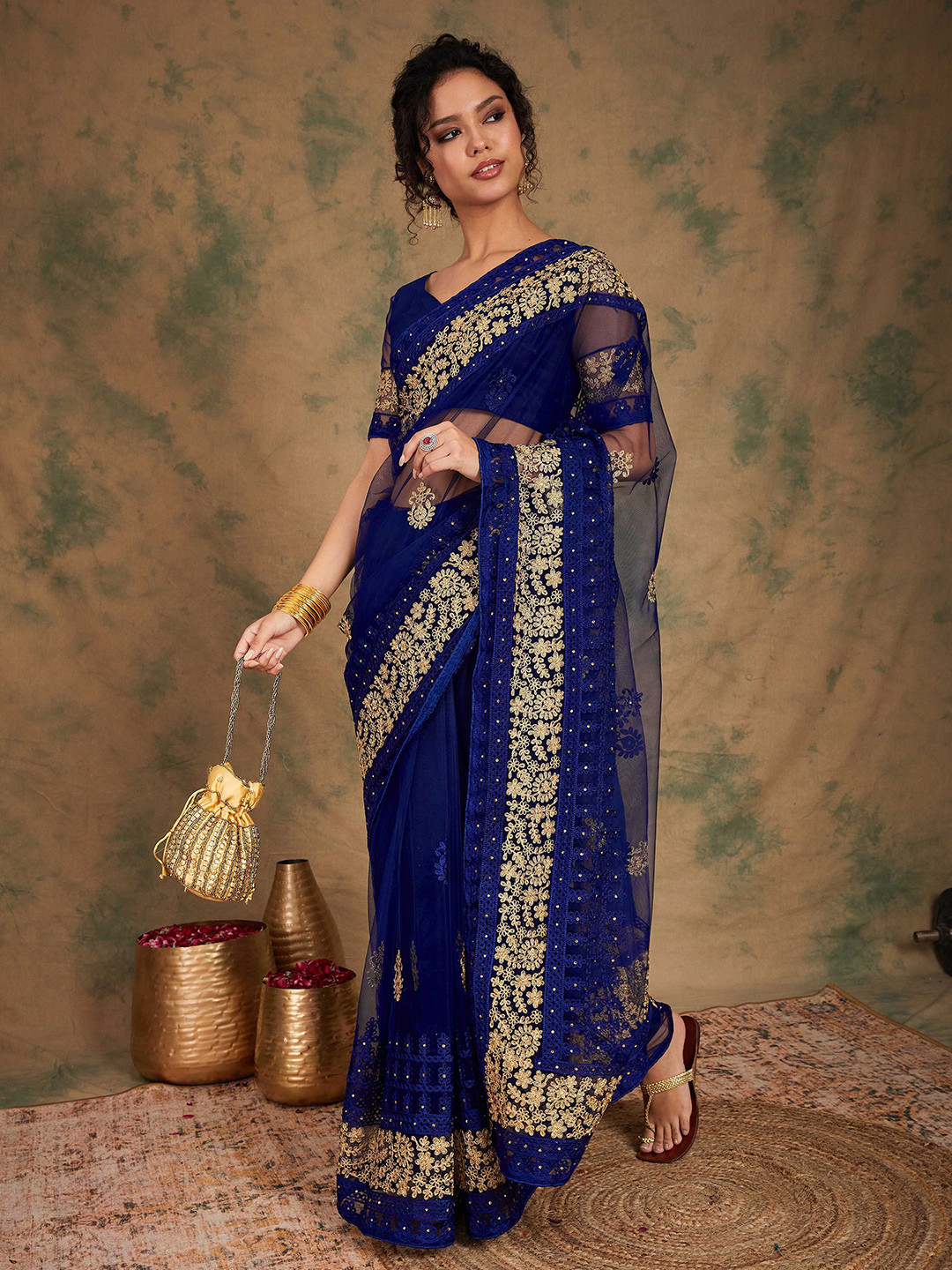 

SHADOW & SAINING Ethnic Motifs Beads and Stones Net Saree, Blue