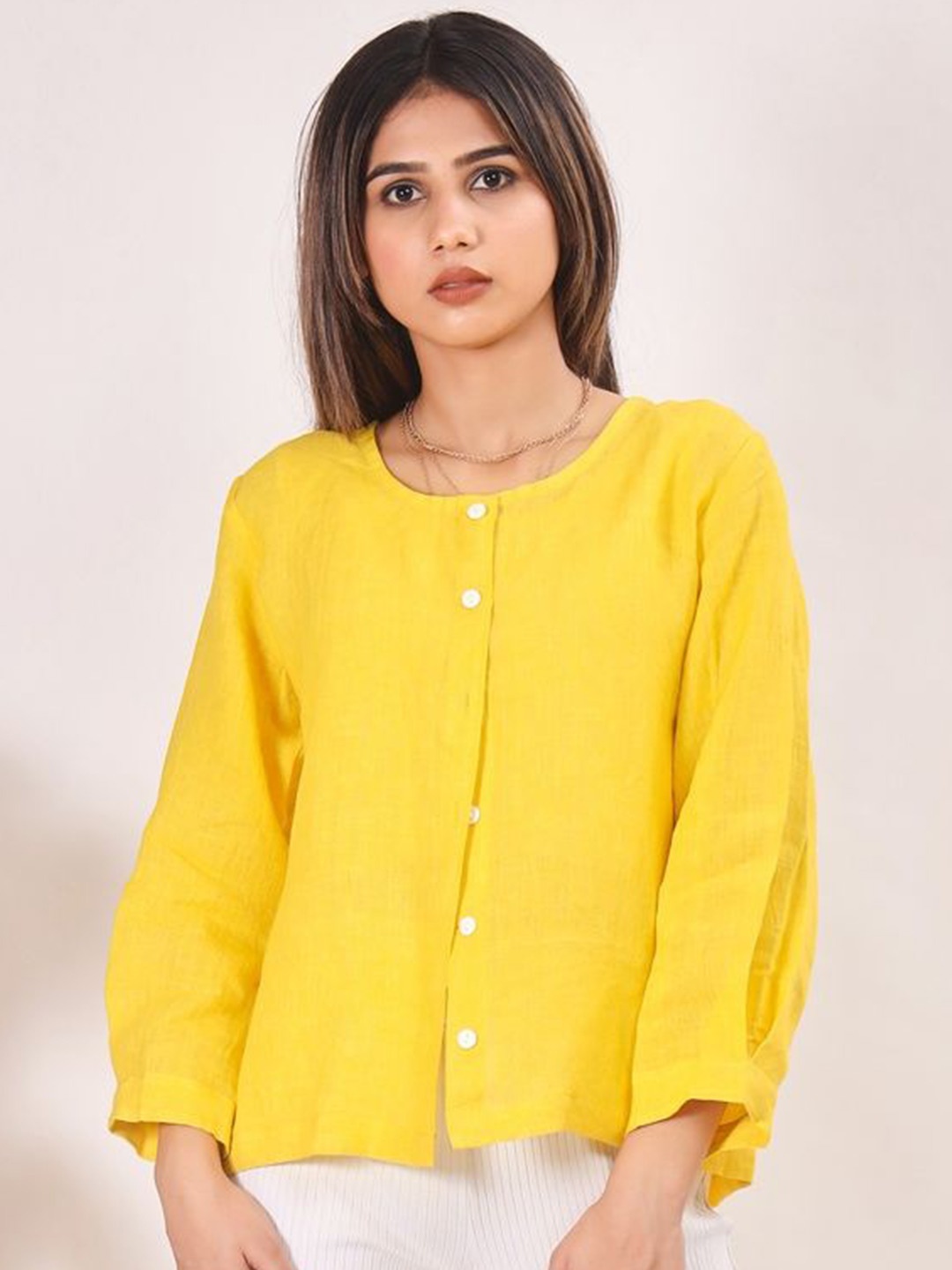 

SIDDHO HUM Women Collarless Solid Linen Casual Shirt, Yellow
