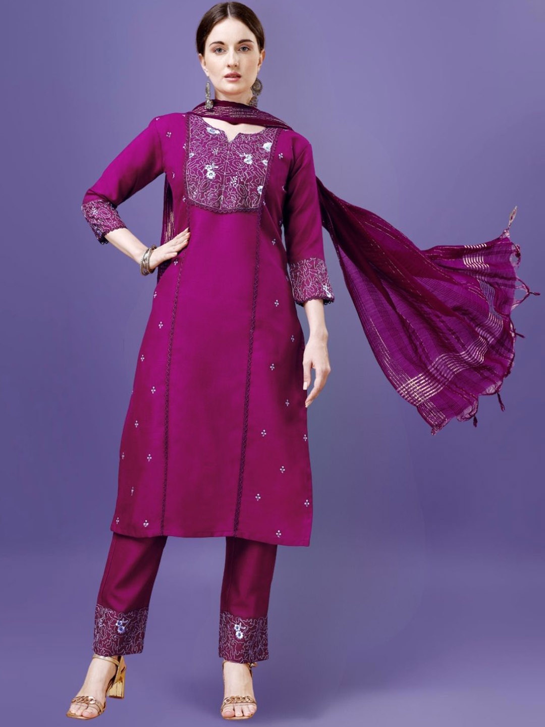 

KAZIA Floral Embroidered Notch Neck Straight Kurta with Trousers & Dupatta, Purple