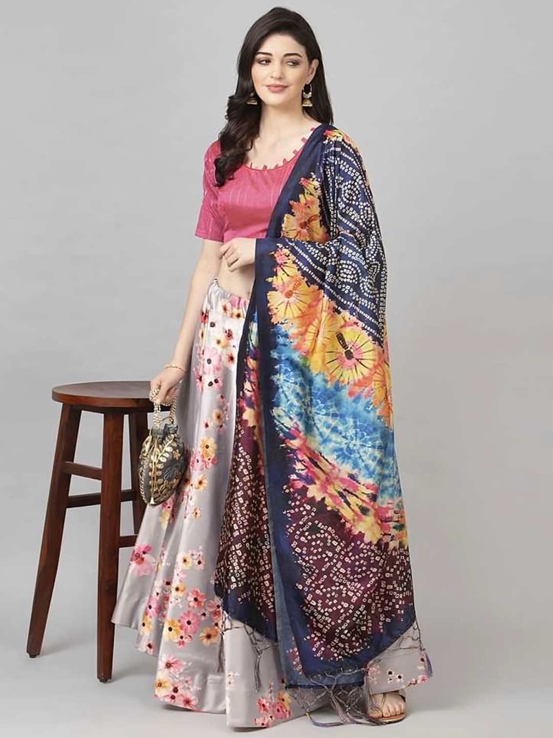 

Kaizen TEXO FAB Floral Printed Semi-Stitched Lehenga & Unstitched Blouse With Dupatta, Silver